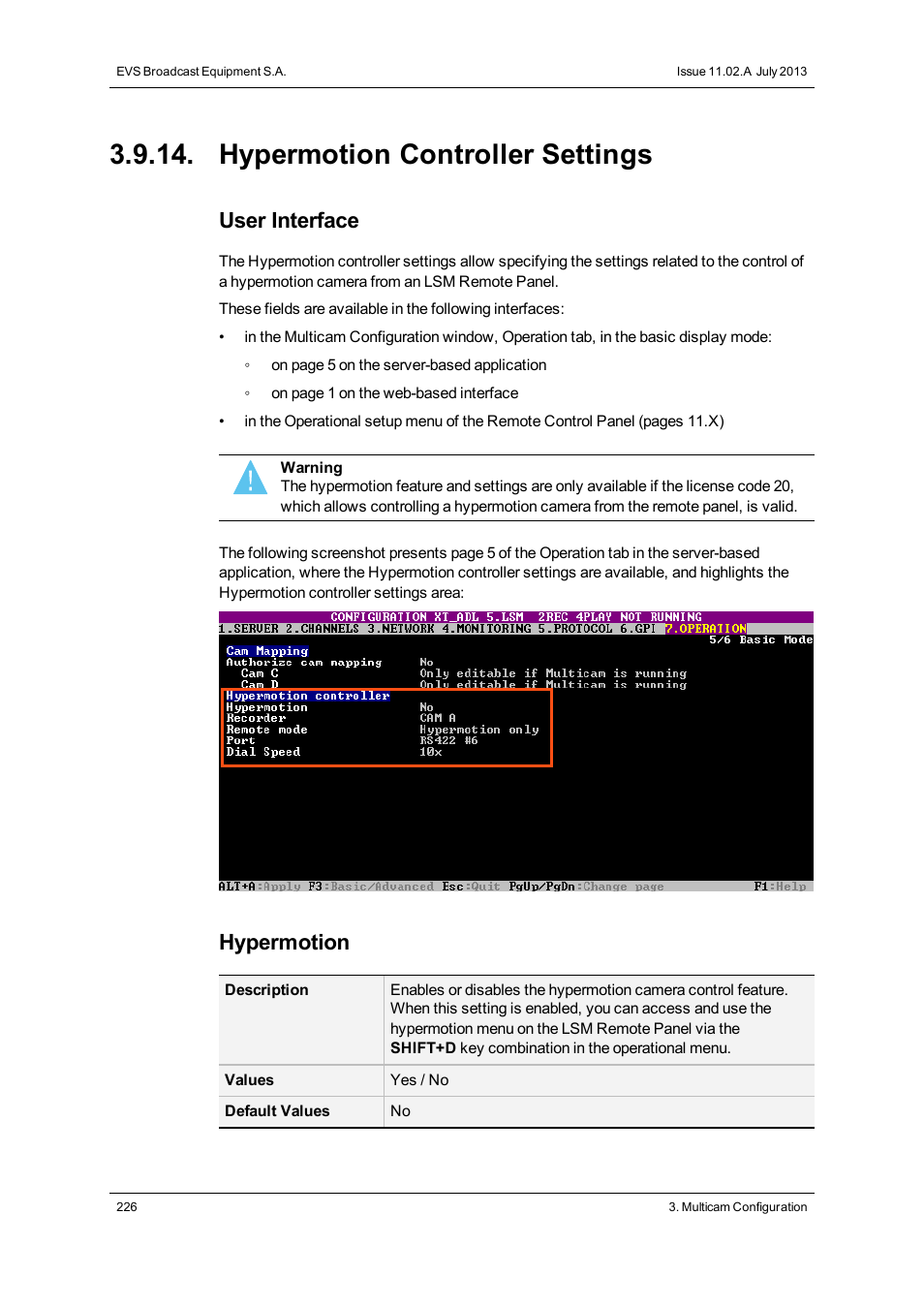 Hypermotion controller settings, User interface, Hypermotion | EVS XT3 Version 11.02 - July 2013 Configuration Manual User Manual | Page 234 / 244