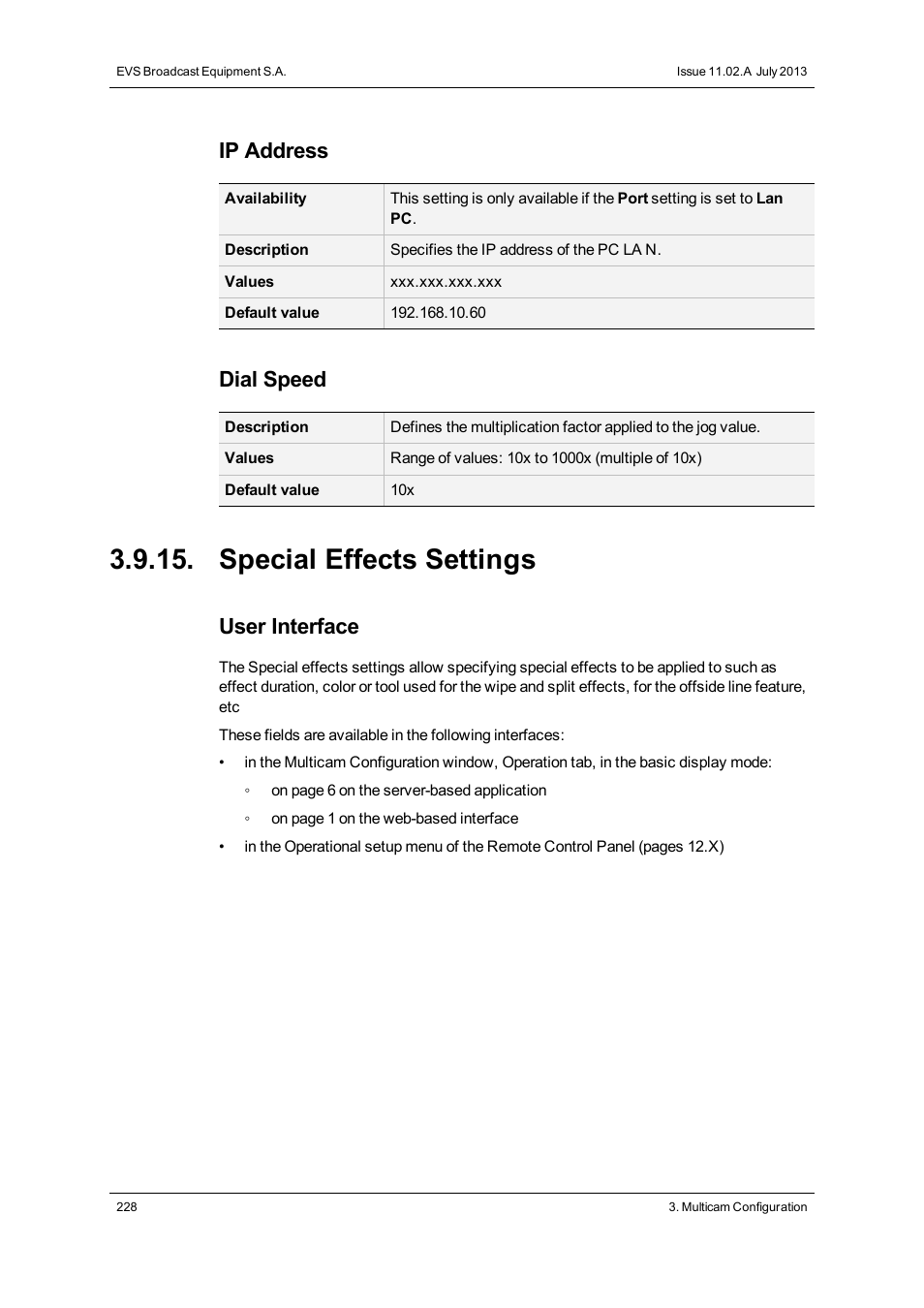 Special effects settings, Ip address, Dial speed | User interface | EVS XT3 Version 11.02 - July 2013 Configuration Manual User Manual | Page 236 / 244