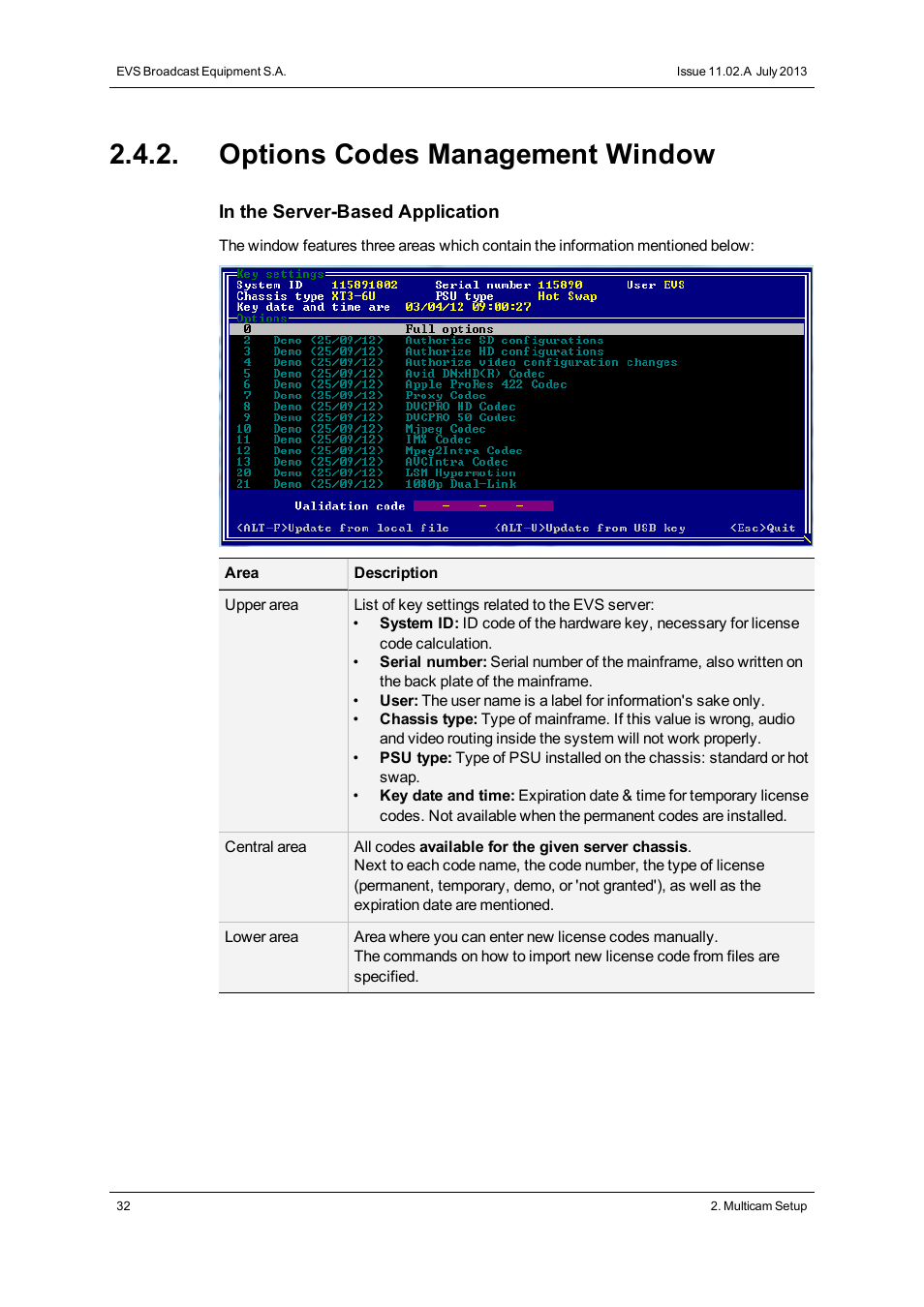 Options codes management window | EVS XT3 Version 11.02 - July 2013 Configuration Manual User Manual | Page 40 / 244