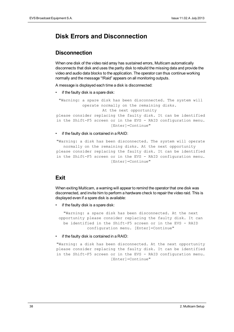 Disk errors and disconnection, Disconnection, Exit | EVS XT3 Version 11.02 - July 2013 Configuration Manual User Manual | Page 46 / 244
