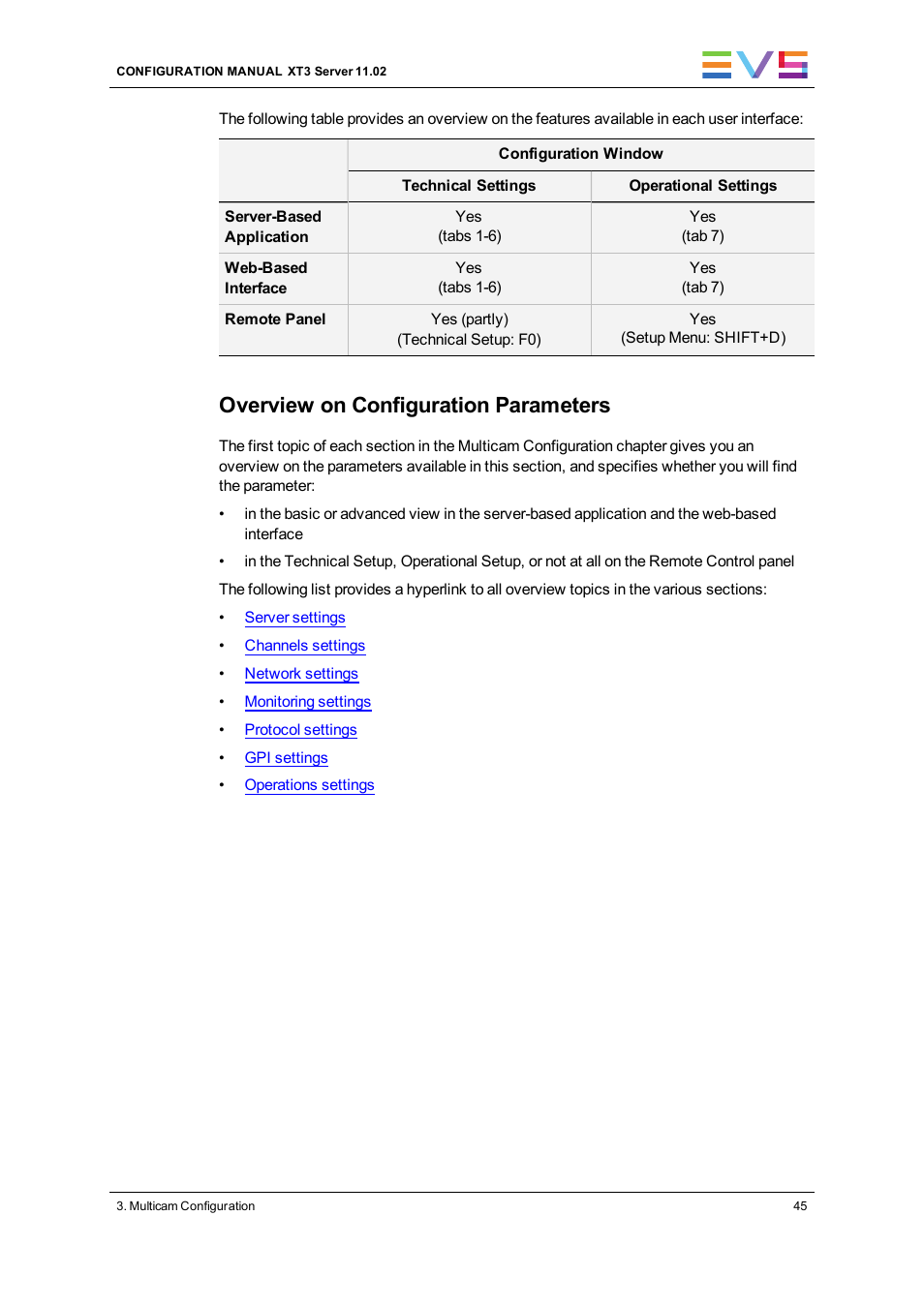 Overview on configuration parameters | EVS XT3 Version 11.02 - July 2013 Configuration Manual User Manual | Page 53 / 244
