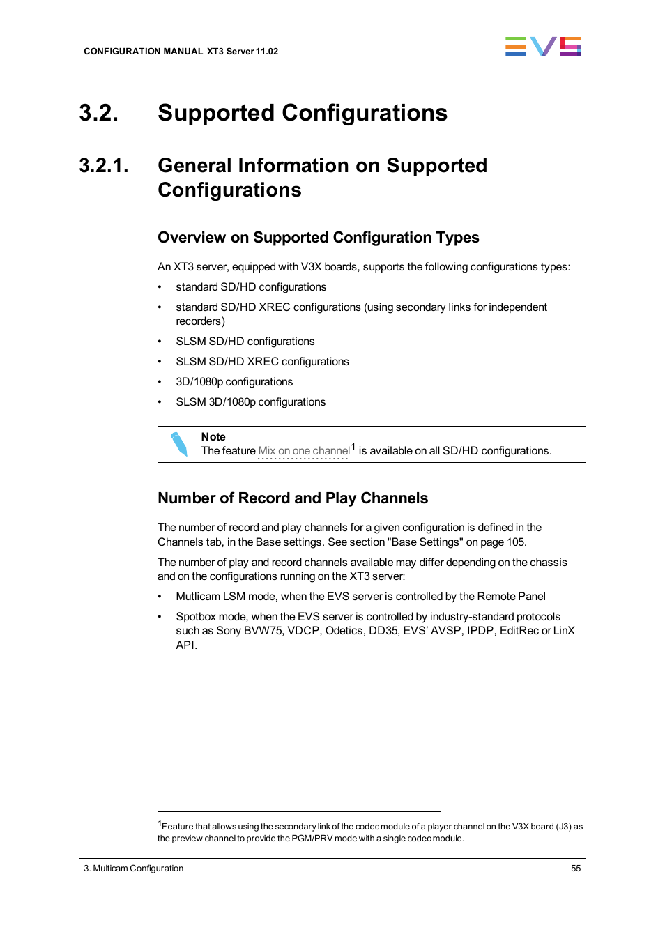 Supported configurations, General information on supported configurations, Overview on supported configuration types | Number of record and play channels | EVS XT3 Version 11.02 - July 2013 Configuration Manual User Manual | Page 63 / 244