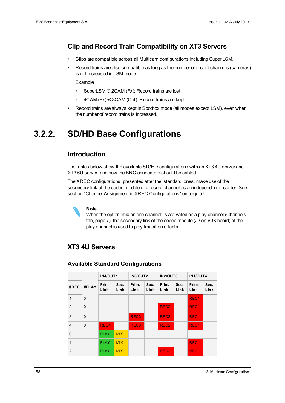 Sd/hd base configurations, Clip and record train compatibility on xt3 servers, Introduction | Xt3 4u servers, Available standard configurations | EVS XT3 Version 11.02 - July 2013 Configuration Manual User Manual | Page 66 / 244