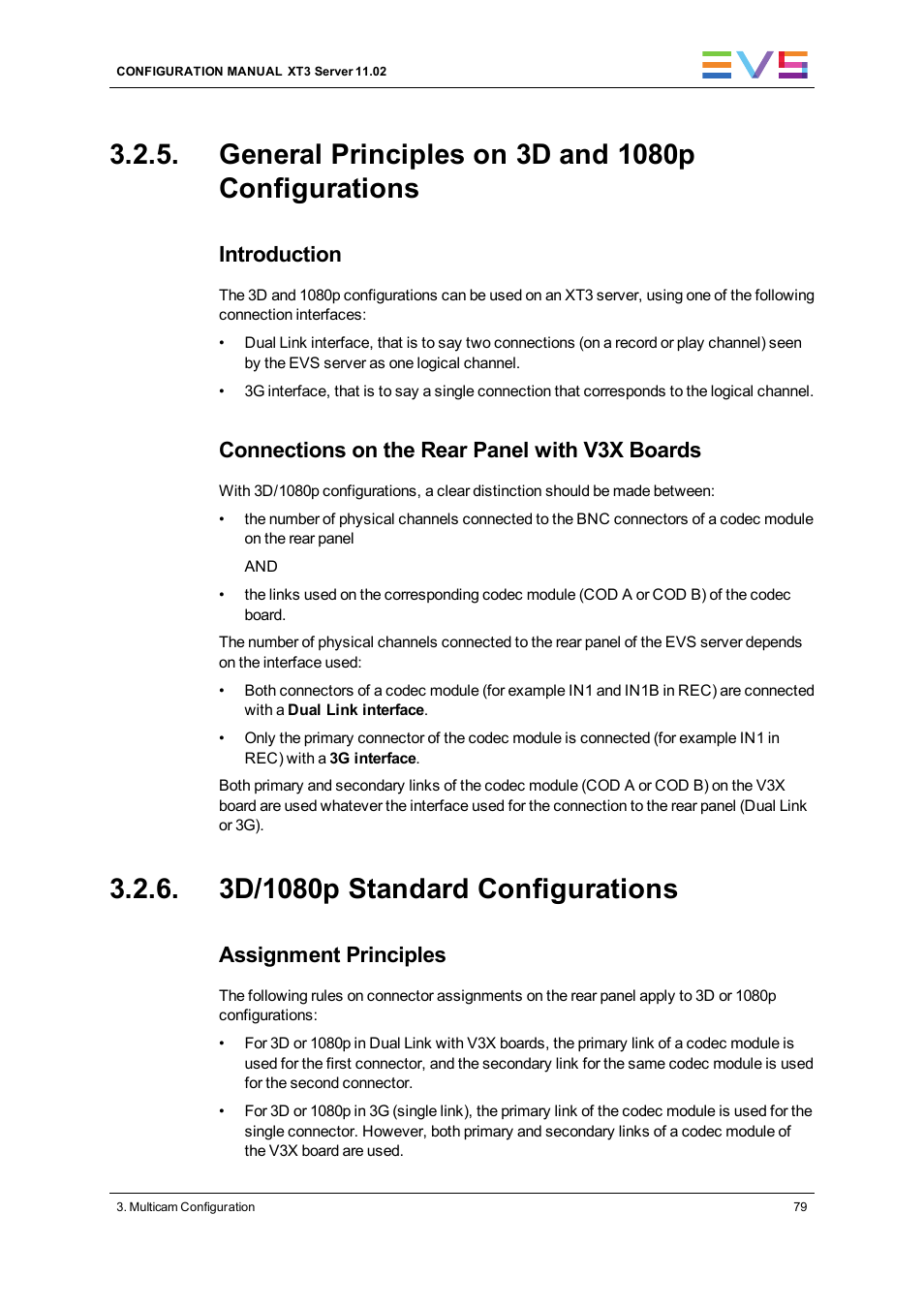 General principles on 3d and 1080p configurations, 3d/1080p standard configurations, Introduction | Connections on the rear panel with v3x boards, Assignment principles | EVS XT3 Version 11.02 - July 2013 Configuration Manual User Manual | Page 87 / 244