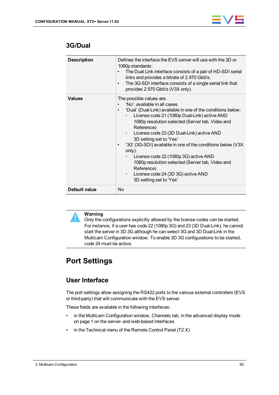 Port settings, 3g/dual, User interface | EVS XT2 Version 11.02 - July 2013 Configuration Manual User Manual | Page 103 / 227