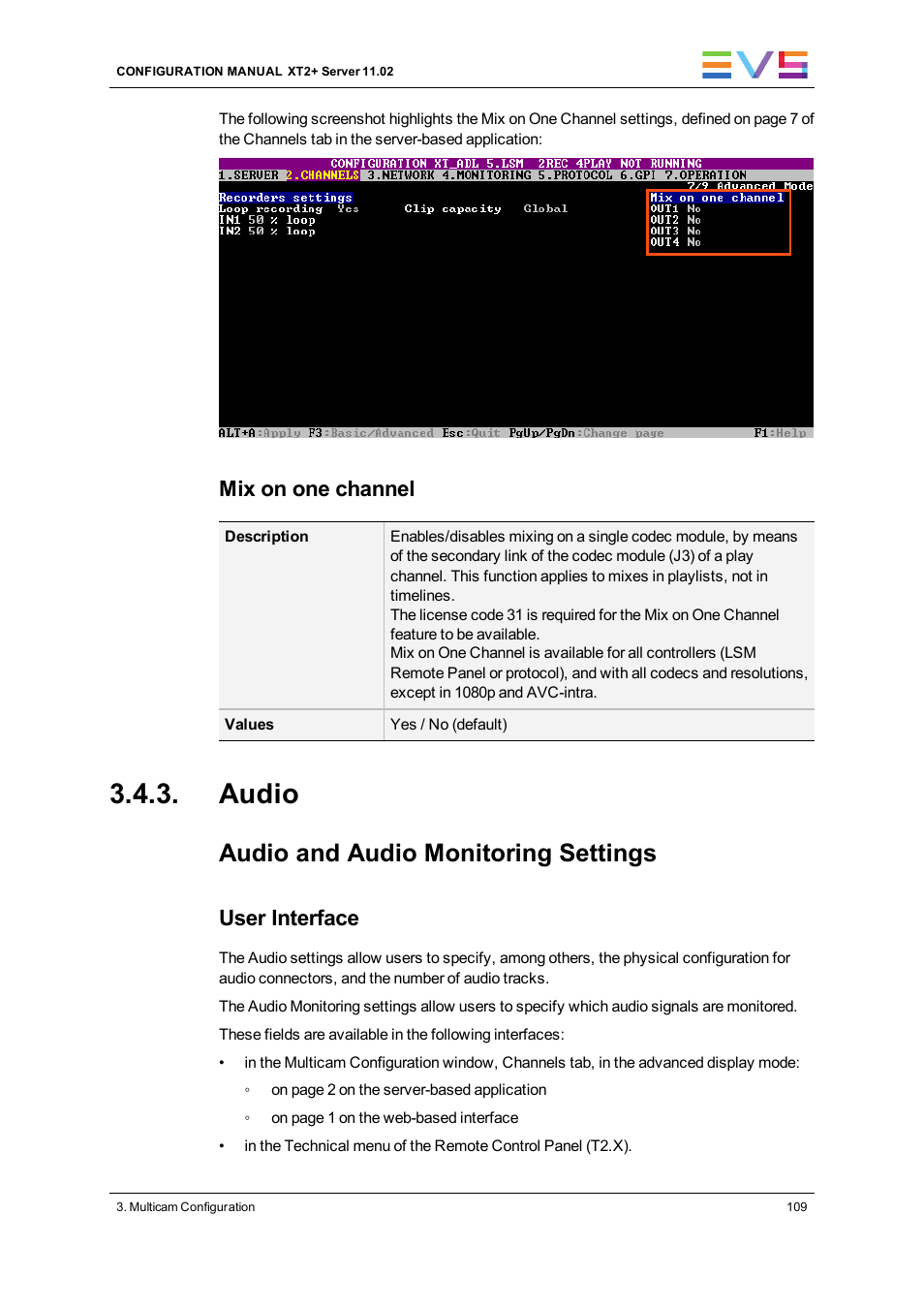 Audio, Audio settings, Audio and audio monitoring settings | Mix on one channel, User interface | EVS XT2 Version 11.02 - July 2013 Configuration Manual User Manual | Page 117 / 227