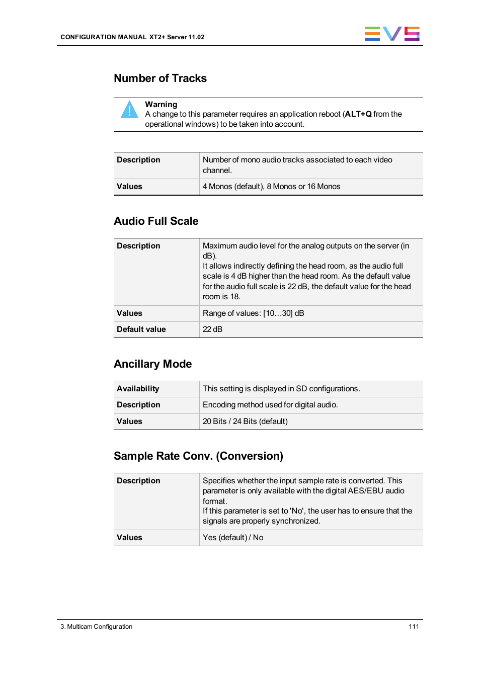 Number of tracks, Audio full scale, Ancillary mode | Sample rate conv. (conversion) | EVS XT2 Version 11.02 - July 2013 Configuration Manual User Manual | Page 119 / 227