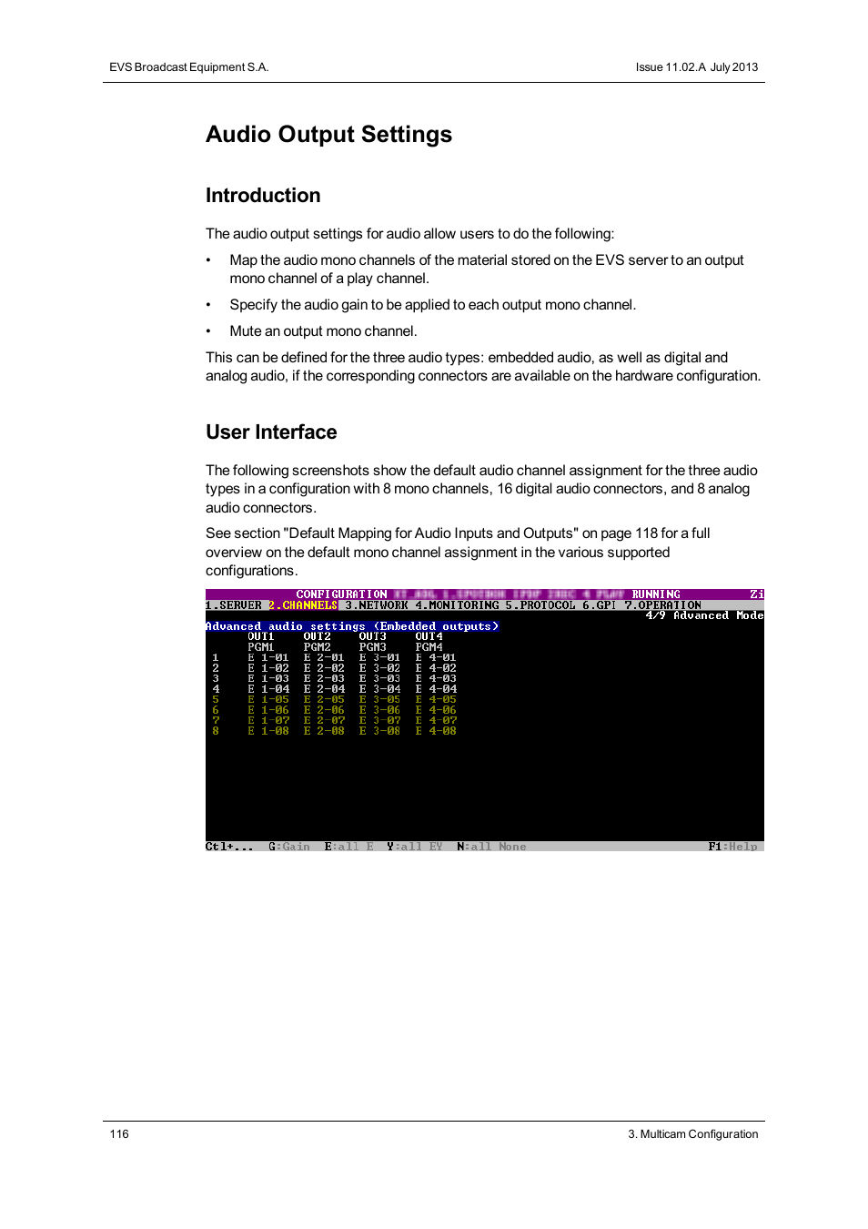 Audio embedded outputs, Audio digital outputs (aes/ebu), Audio analog outputs | Audio output settings, Introduction, User interface | EVS XT2 Version 11.02 - July 2013 Configuration Manual User Manual | Page 124 / 227