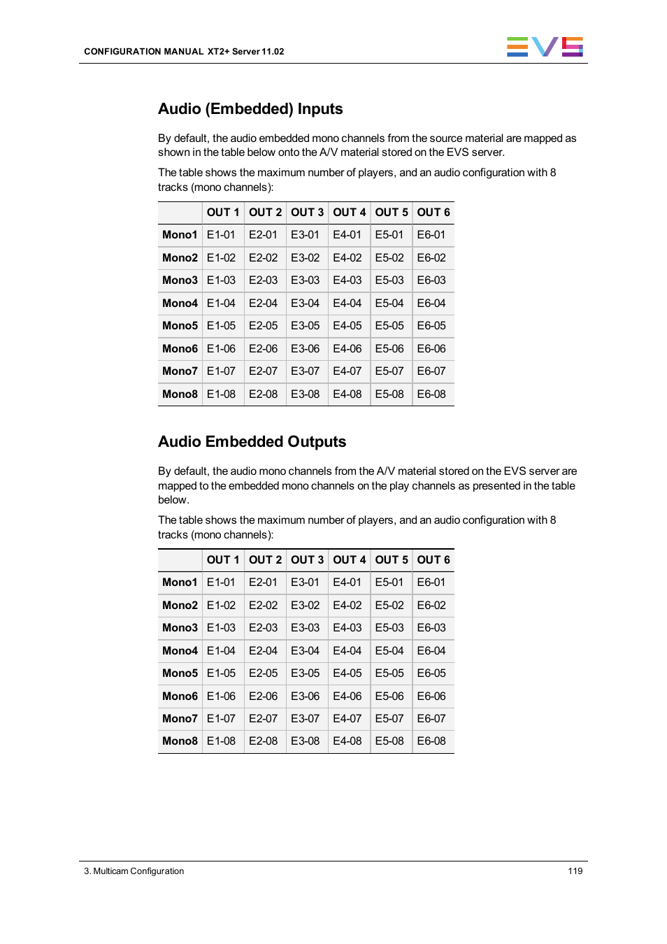 Audio (embedded) inputs, Audio embedded outputs | EVS XT2 Version 11.02 - July 2013 Configuration Manual User Manual | Page 127 / 227