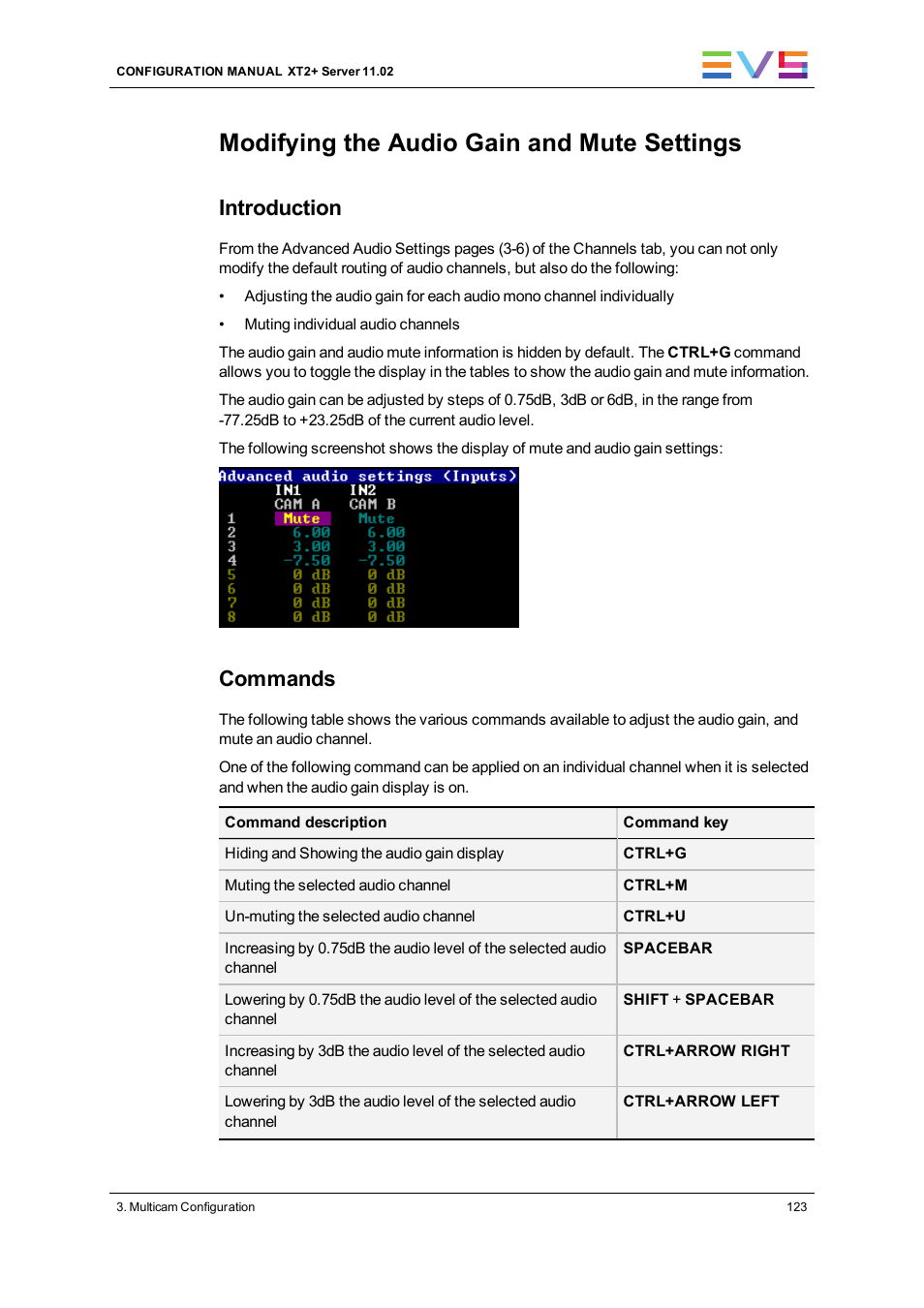 Modifying the audio gain and mute settings, Introduction, Commands | EVS XT2 Version 11.02 - July 2013 Configuration Manual User Manual | Page 131 / 227