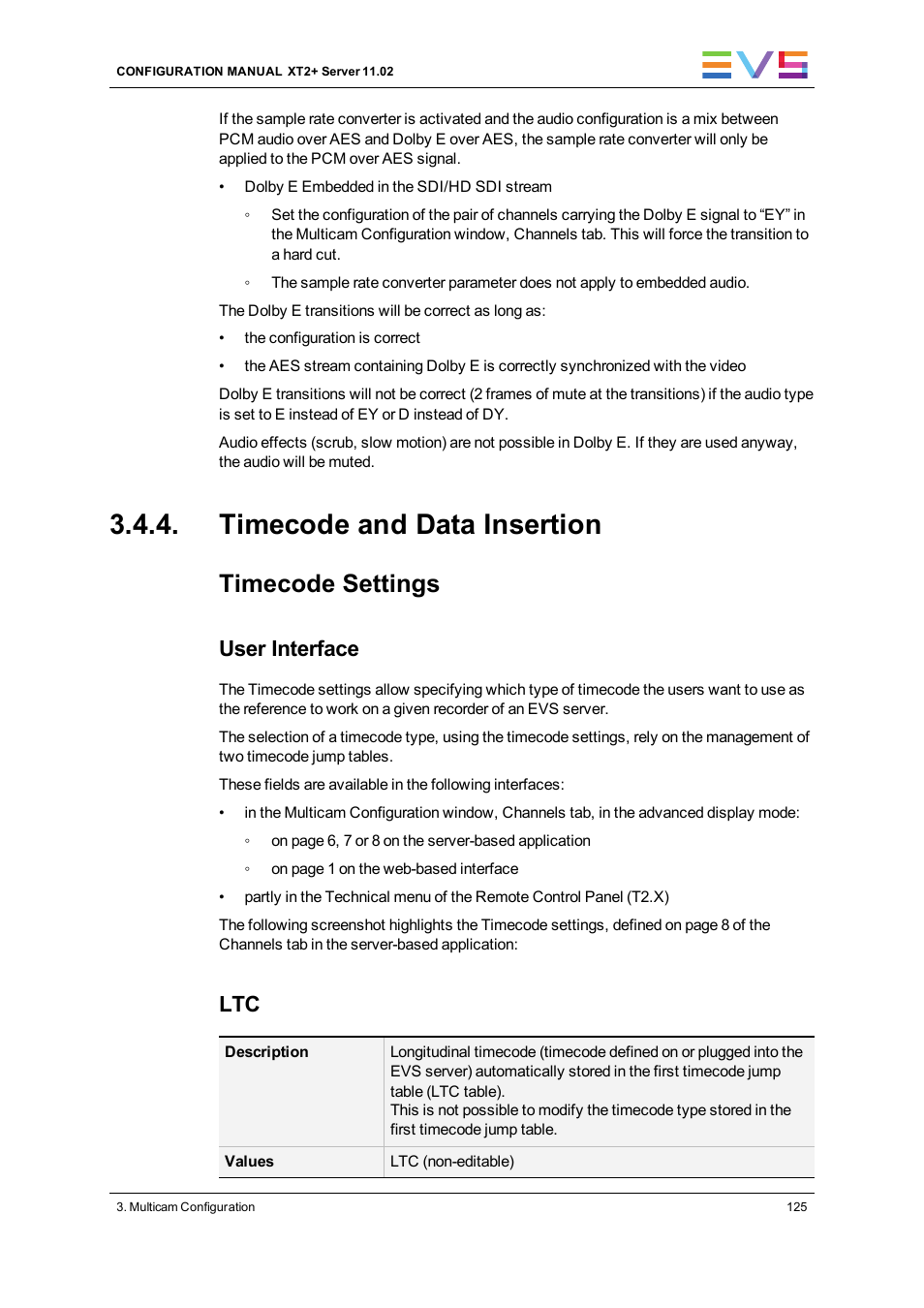 Timecode and data insertion, Timecode settings, User interface | EVS XT2 Version 11.02 - July 2013 Configuration Manual User Manual | Page 133 / 227