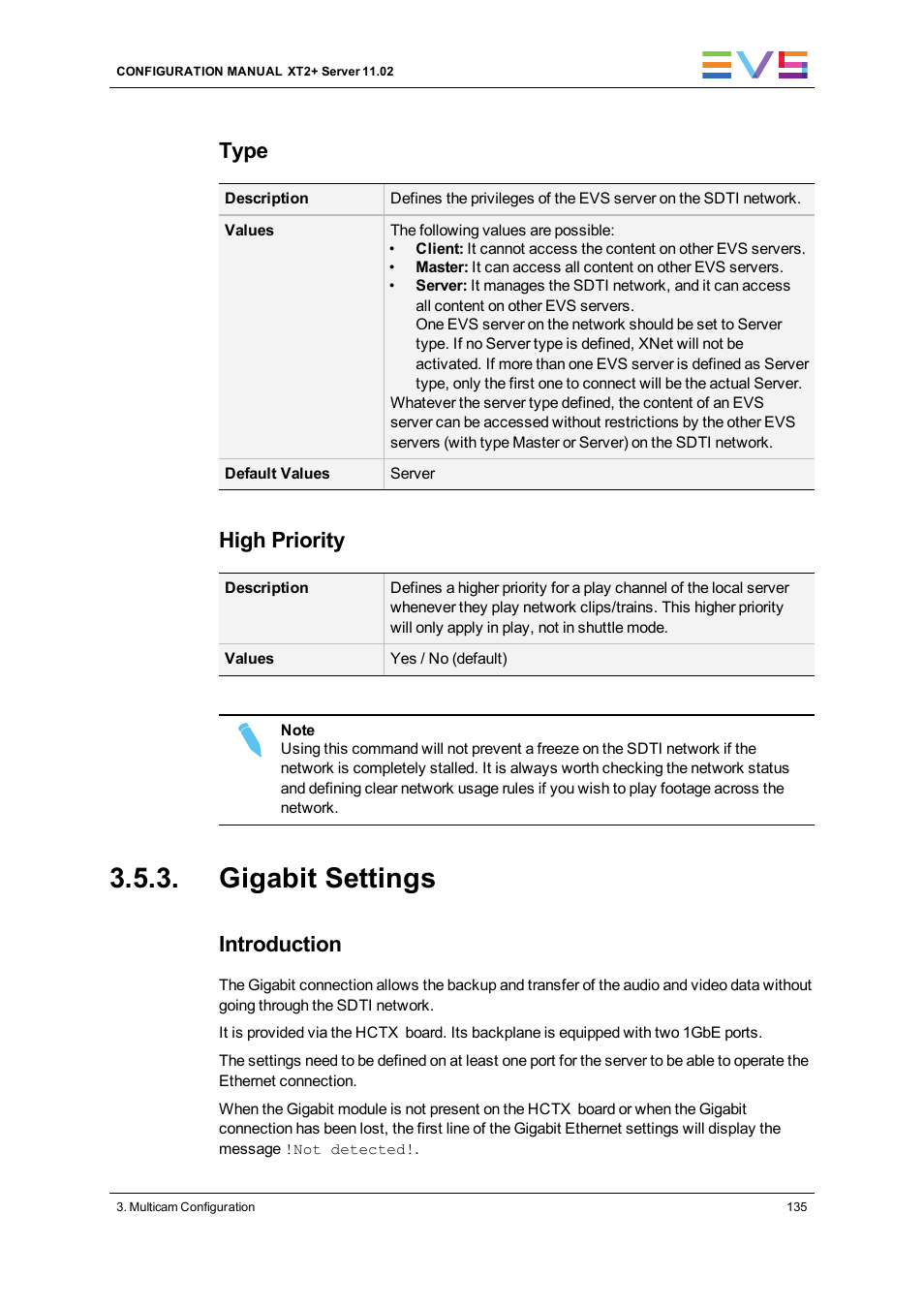 Gigabit settings, Type, High priority | Introduction | EVS XT2 Version 11.02 - July 2013 Configuration Manual User Manual | Page 143 / 227
