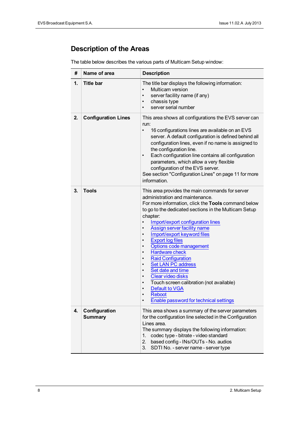 Description of the areas | EVS XT2 Version 11.02 - July 2013 Configuration Manual User Manual | Page 16 / 227