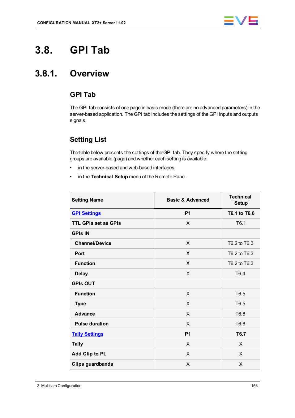 Gpi tab, Overview, Gpi settings | Setting list | EVS XT2 Version 11.02 - July 2013 Configuration Manual User Manual | Page 171 / 227