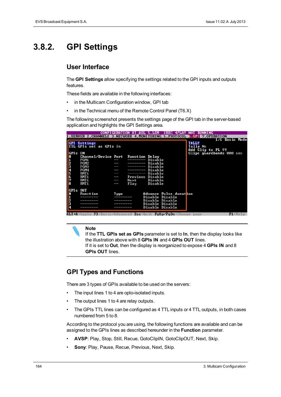 Gpi settings, User interface, Gpi types and functions | EVS XT2 Version 11.02 - July 2013 Configuration Manual User Manual | Page 172 / 227