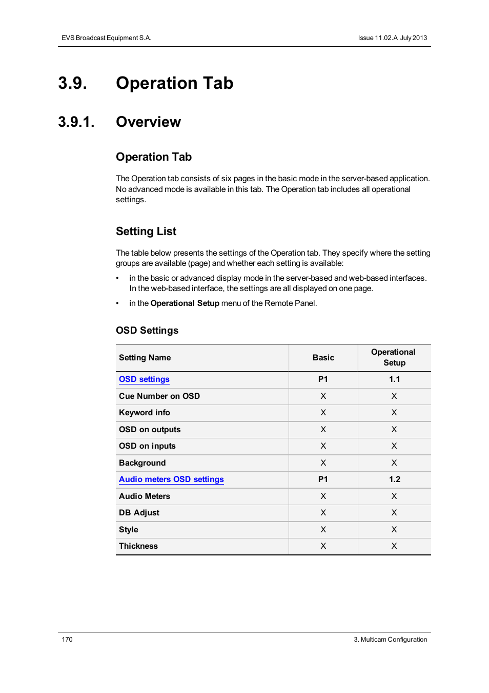 Operation tab, Overview, Operations settings | Setting list | EVS XT2 Version 11.02 - July 2013 Configuration Manual User Manual | Page 178 / 227