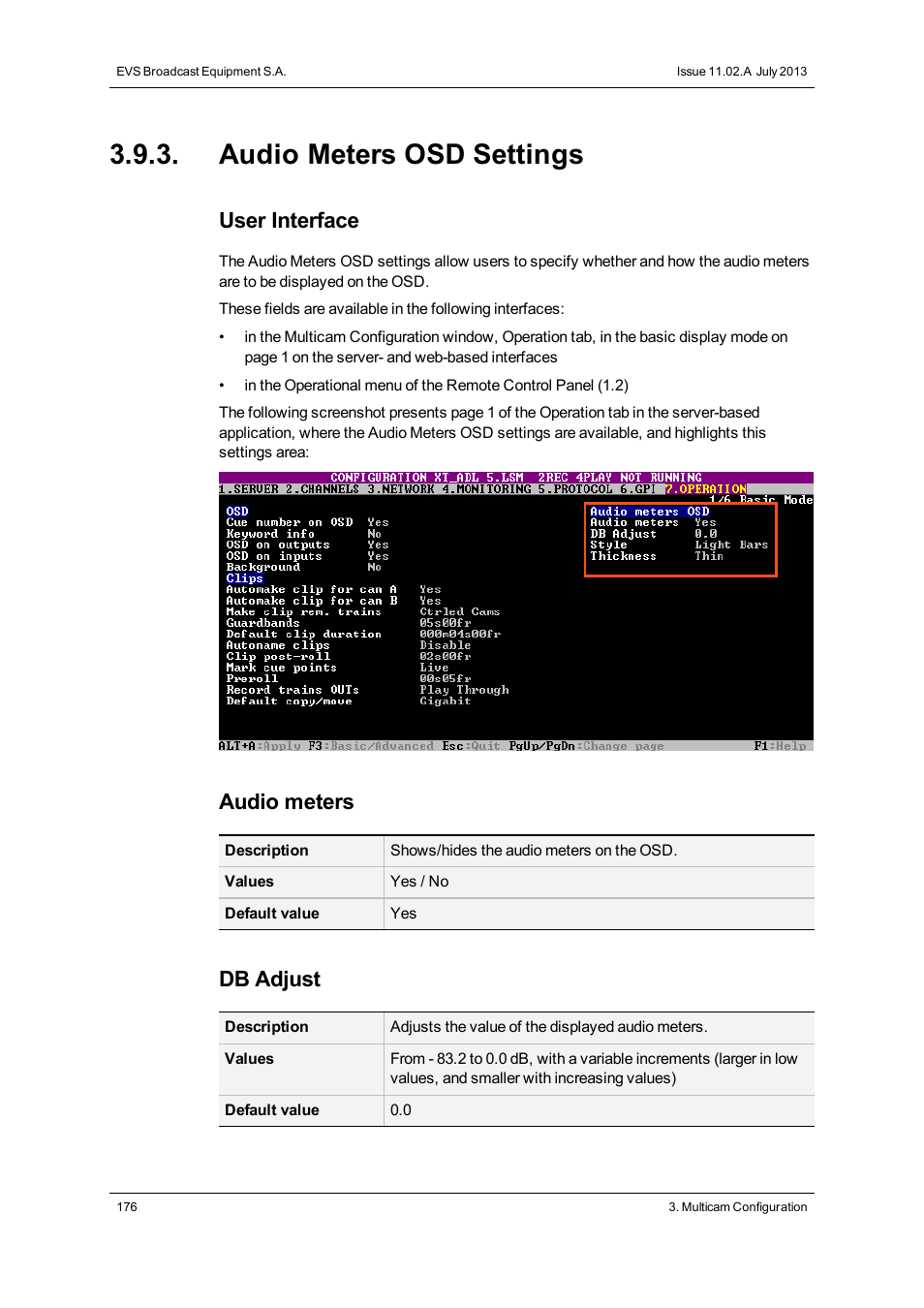 Audio meters osd settings, User interface, Audio meters | Db adjust | EVS XT2 Version 11.02 - July 2013 Configuration Manual User Manual | Page 184 / 227