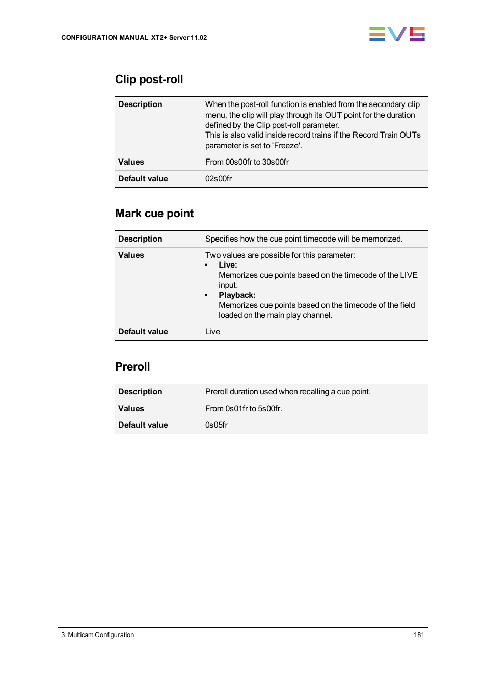 Clip post-roll, Mark cue point, Preroll | EVS XT2 Version 11.02 - July 2013 Configuration Manual User Manual | Page 189 / 227