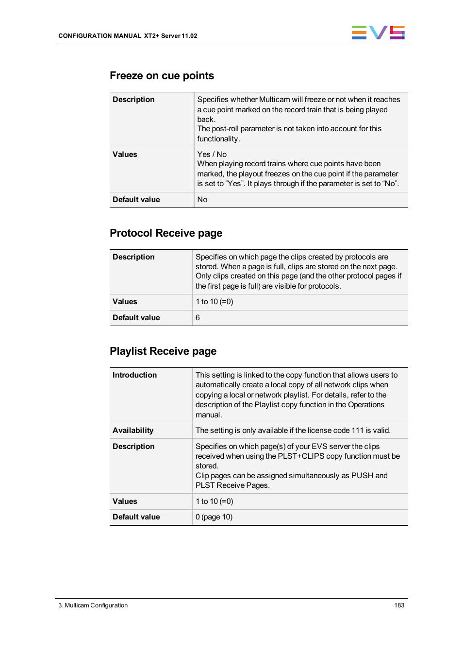 Freeze on cue points, Protocol receive page, Playlist receive page | EVS XT2 Version 11.02 - July 2013 Configuration Manual User Manual | Page 191 / 227
