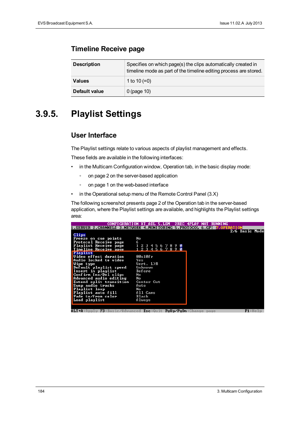 Playlist settings, Timeline receive page, User interface | EVS XT2 Version 11.02 - July 2013 Configuration Manual User Manual | Page 192 / 227