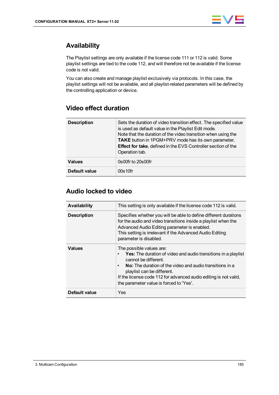 Availability, Video effect duration, Audio locked to video | EVS XT2 Version 11.02 - July 2013 Configuration Manual User Manual | Page 193 / 227