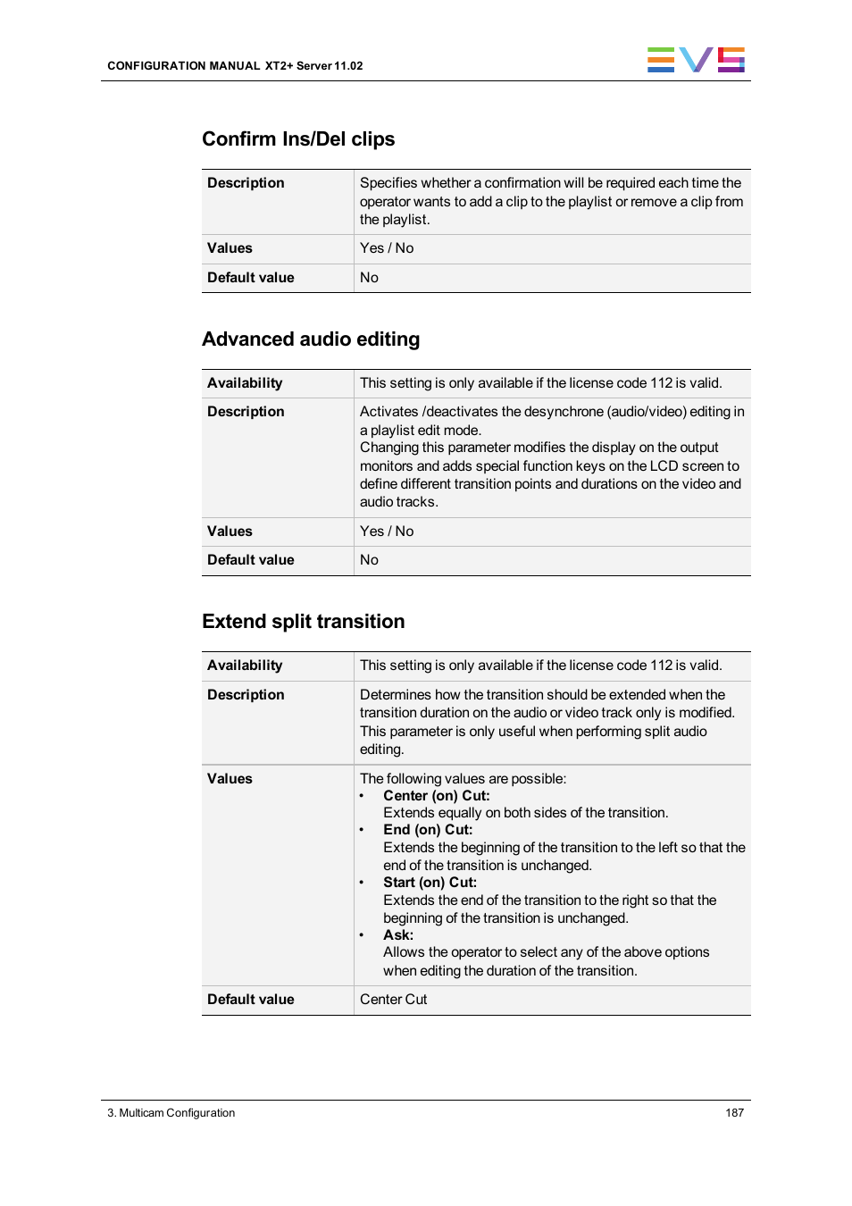 Confirm ins/del clips, Advanced audio editing, Extend split transition | EVS XT2 Version 11.02 - July 2013 Configuration Manual User Manual | Page 195 / 227
