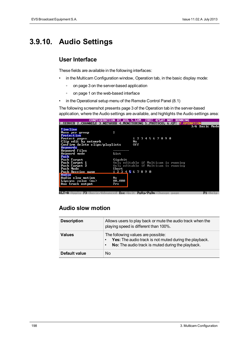 Audio settings, User interface, Audio slow motion | EVS XT2 Version 11.02 - July 2013 Configuration Manual User Manual | Page 206 / 227