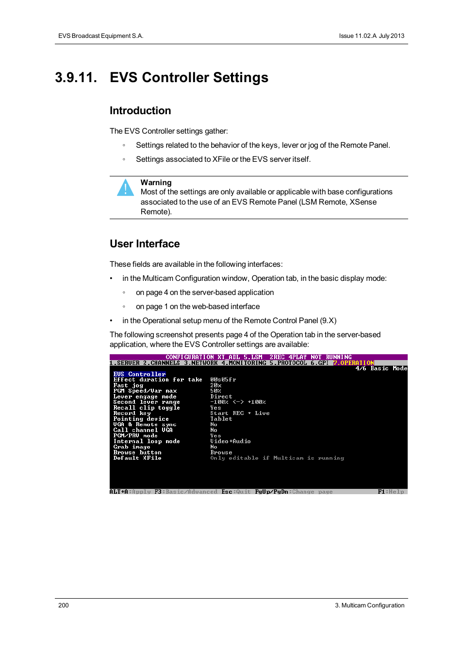 Evs controller settings, Controller settings, Introduction | User interface | EVS XT2 Version 11.02 - July 2013 Configuration Manual User Manual | Page 208 / 227