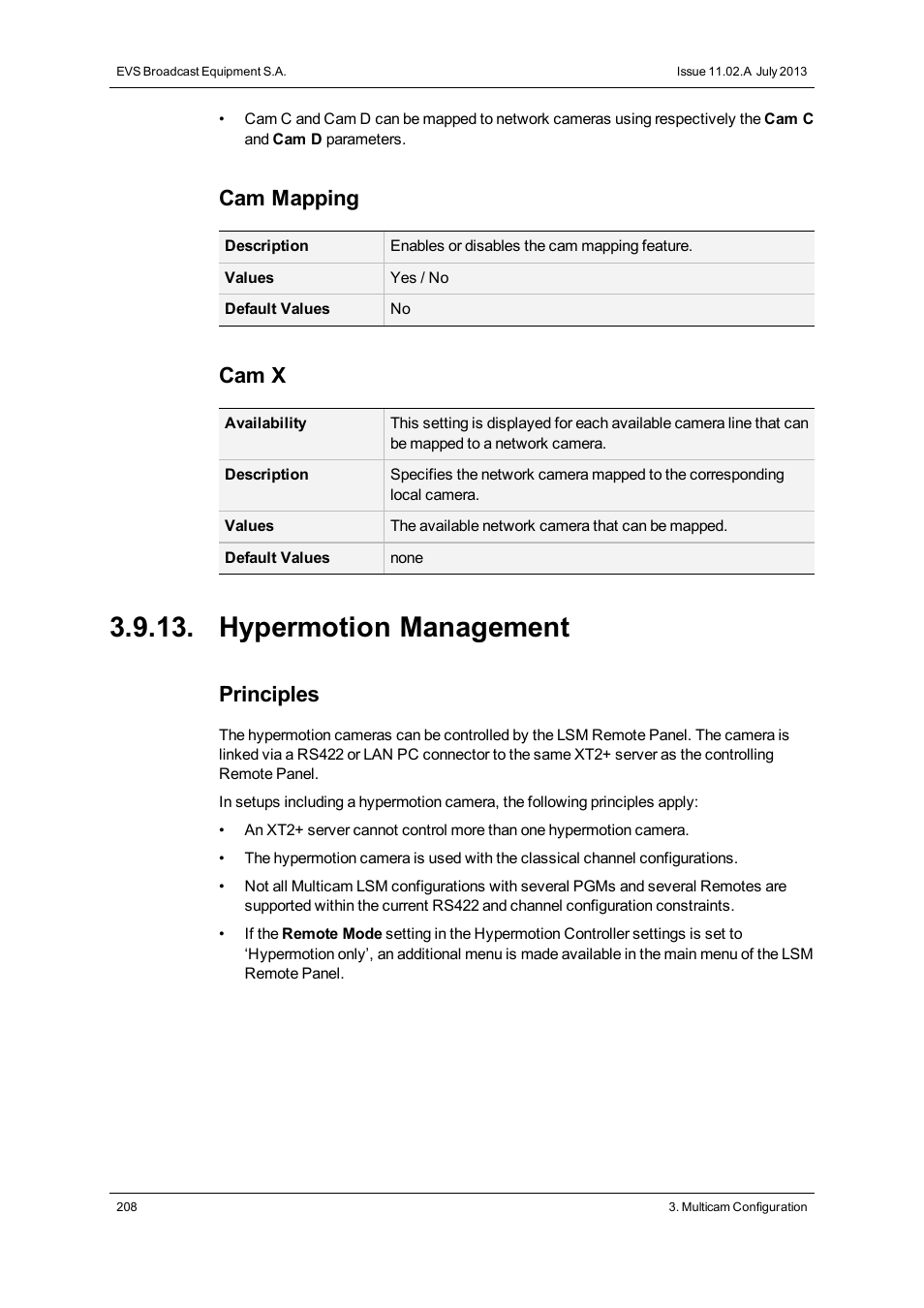 Hypermotion management, Cam mapping, Cam x | Principles | EVS XT2 Version 11.02 - July 2013 Configuration Manual User Manual | Page 216 / 227