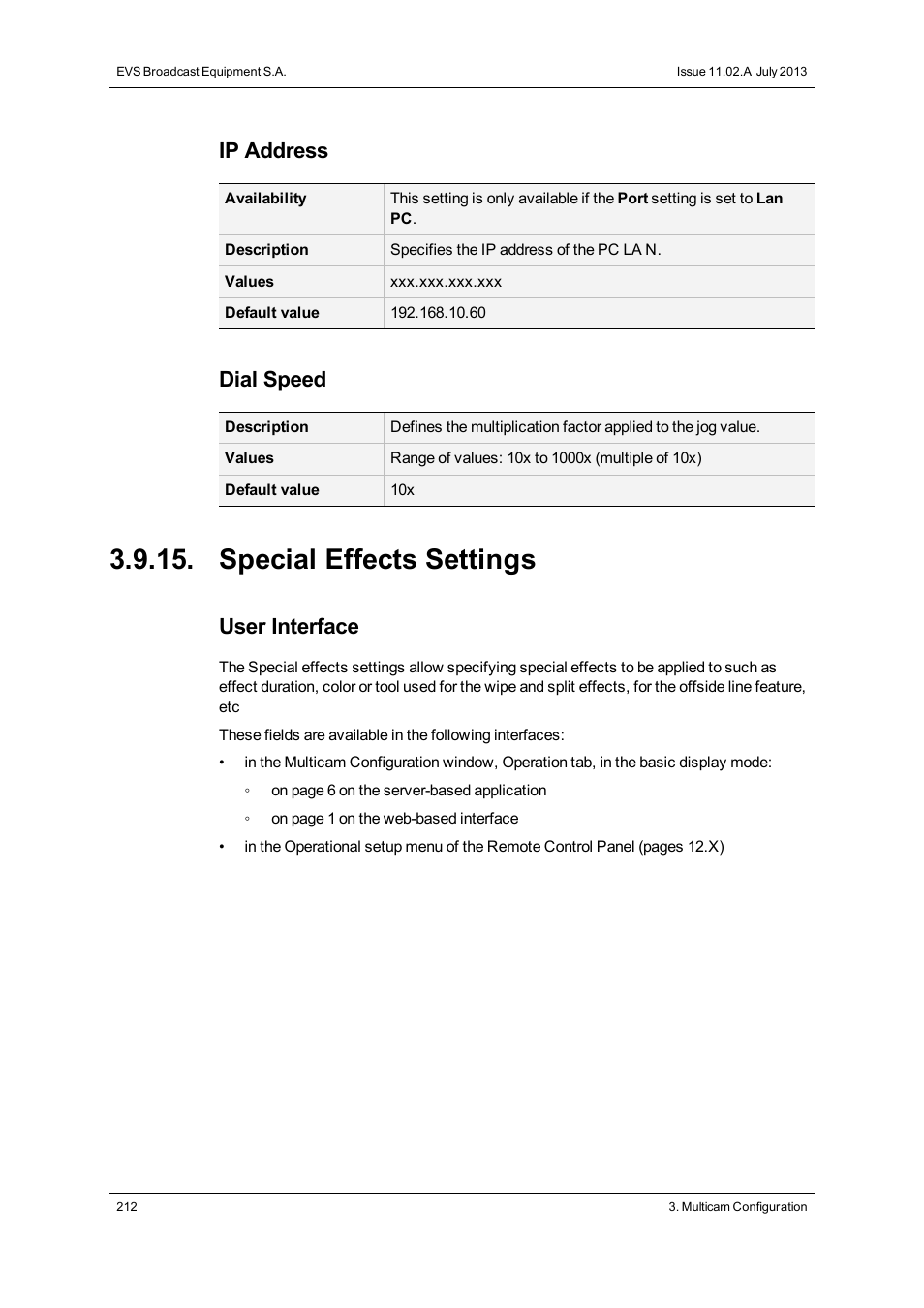 Special effects settings, Ip address, Dial speed | User interface | EVS XT2 Version 11.02 - July 2013 Configuration Manual User Manual | Page 220 / 227