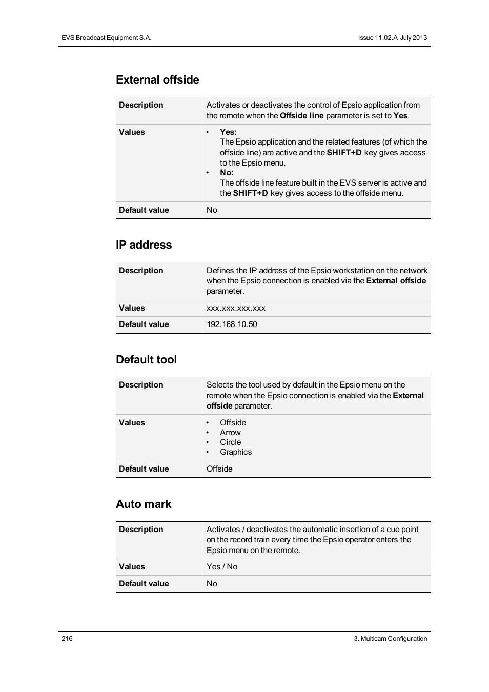 External offside, Ip address, Default tool | Auto mark | EVS XT2 Version 11.02 - July 2013 Configuration Manual User Manual | Page 224 / 227