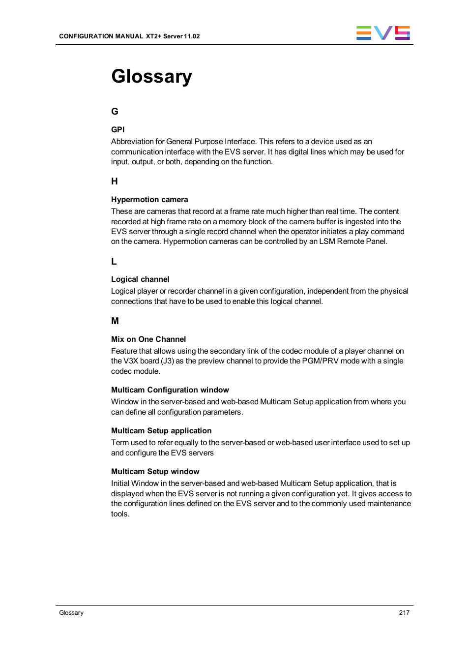 Glossary | EVS XT2 Version 11.02 - July 2013 Configuration Manual User Manual | Page 225 / 227