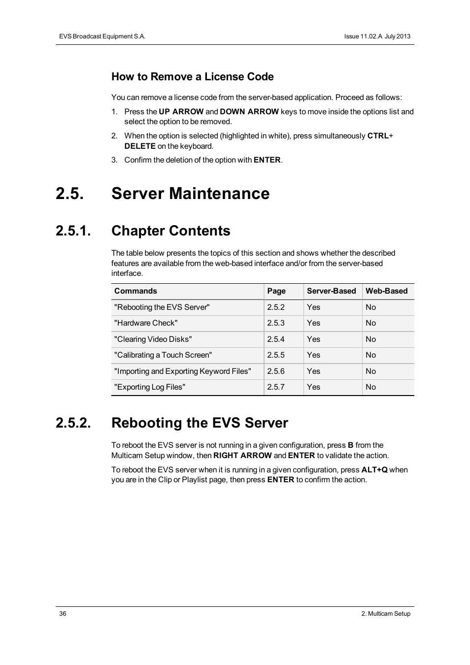 Server maintenance, Chapter contents, Rebooting the evs server | Reboot, How to remove a license code | EVS XT2 Version 11.02 - July 2013 Configuration Manual User Manual | Page 44 / 227