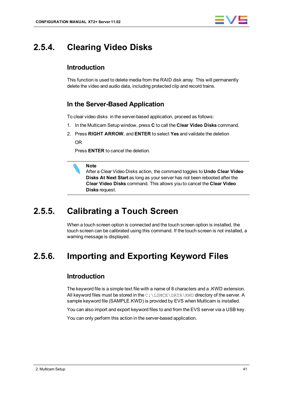Clearing video disks, Calibrating a touch screen, Importing and exporting keyword files | Import/export keyword files, Clear video disks | EVS XT2 Version 11.02 - July 2013 Configuration Manual User Manual | Page 49 / 227