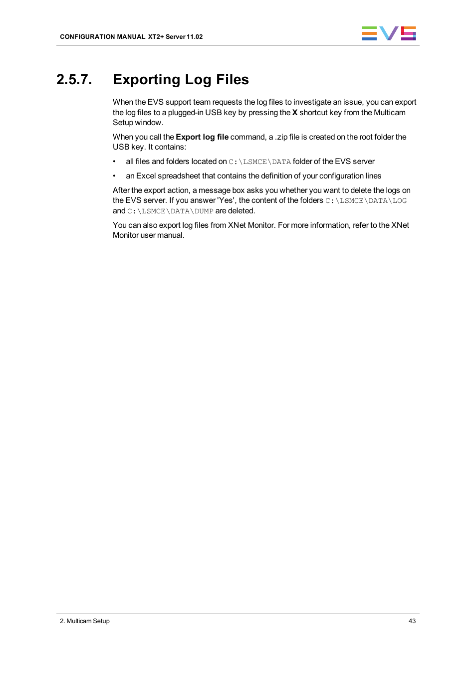 Exporting log files, Export log files | EVS XT2 Version 11.02 - July 2013 Configuration Manual User Manual | Page 51 / 227