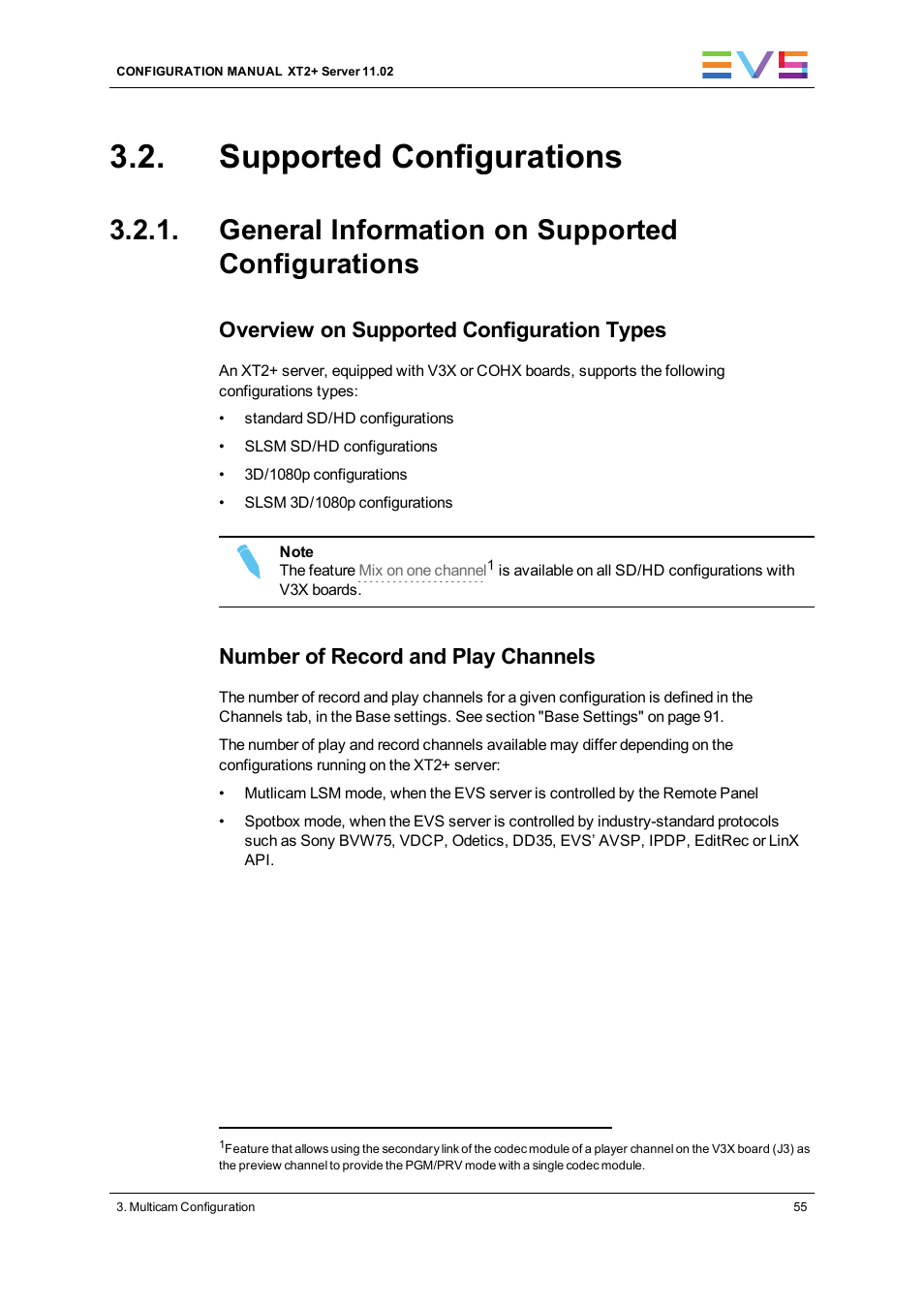 Supported configurations, General information on supported configurations, Overview on supported configuration types | Number of record and play channels | EVS XT2 Version 11.02 - July 2013 Configuration Manual User Manual | Page 63 / 227