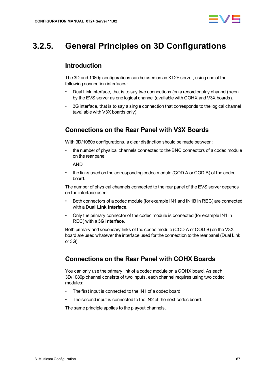 General principles on 3d configurations, Introduction, Connections on the rear panel with v3x boards | Connections on the rear panel with cohx boards | EVS XT2 Version 11.02 - July 2013 Configuration Manual User Manual | Page 75 / 227