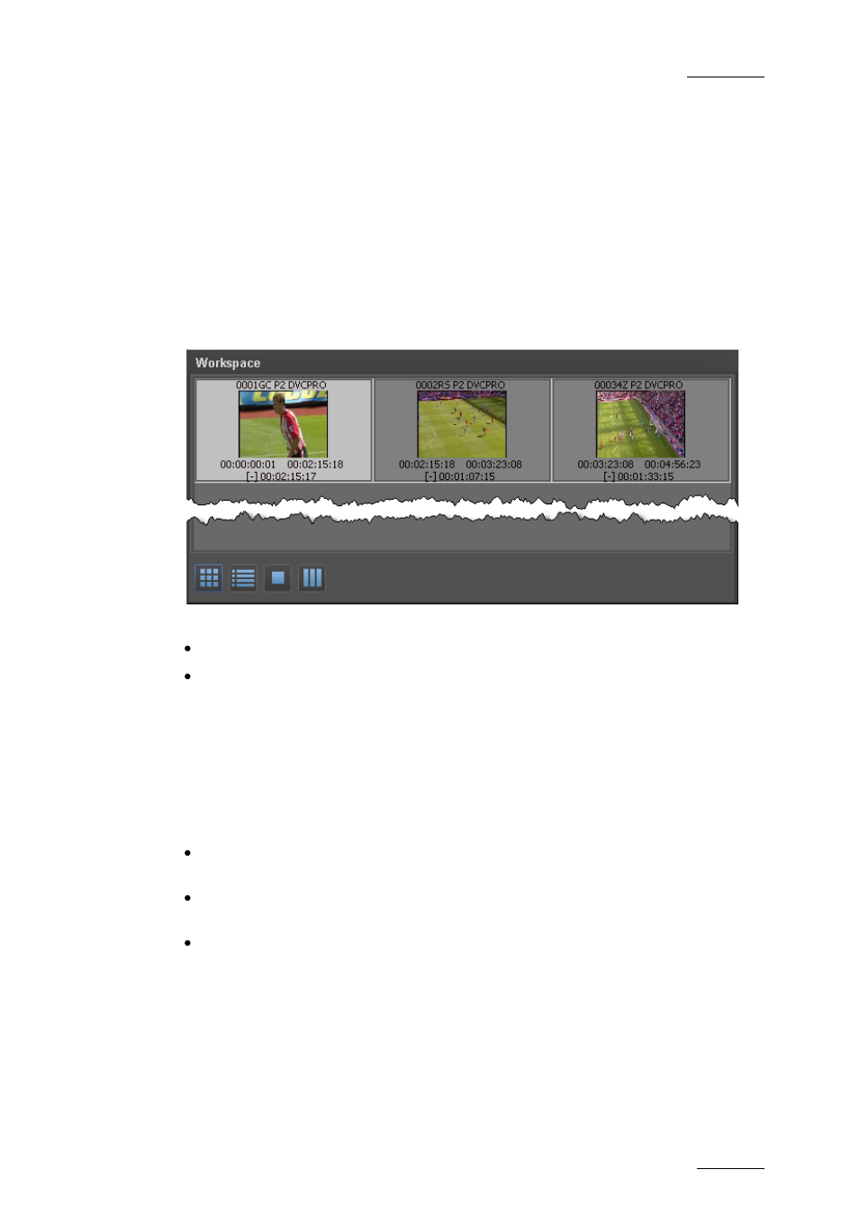 3 thumbnail view in the workspace area, Purpose, Overview | Selecting techniques, Thumbnail view in the workspace area, Humbnail, Iew in the, Orkspace | EVS Xedio Dispatcher Version 4.02 - April 2012 User Manual User Manual | Page 59 / 124