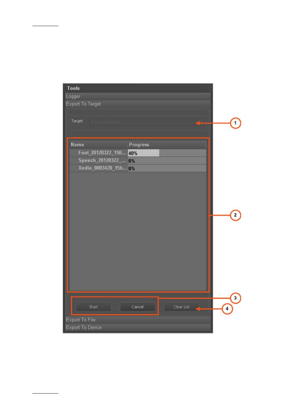 Export to target tab, Overview of the export to target tab | EVS Xedio Dispatcher Version 4.02 - April 2012 User Manual User Manual | Page 70 / 124