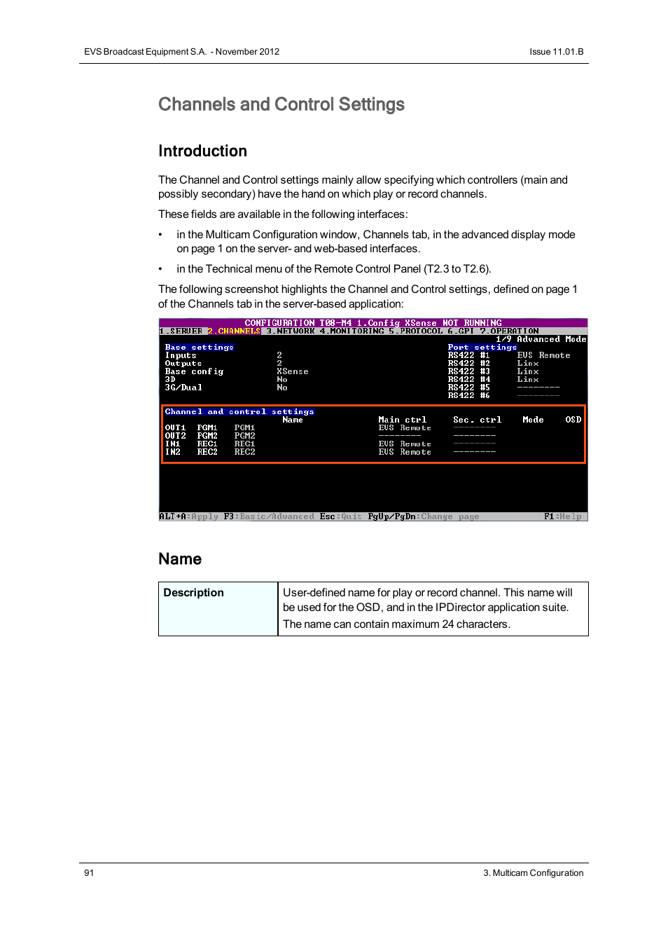Channels and control settings, Introduction, Name | EVS XS Version 11.01 - November 2012 Configuration Manual User Manual | Page 101 / 212