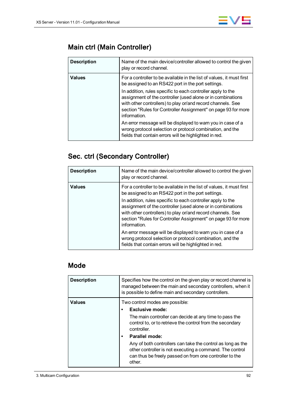 Main ctrl (main controller), Sec. ctrl (secondary controller), Mode | EVS XS Version 11.01 - November 2012 Configuration Manual User Manual | Page 102 / 212