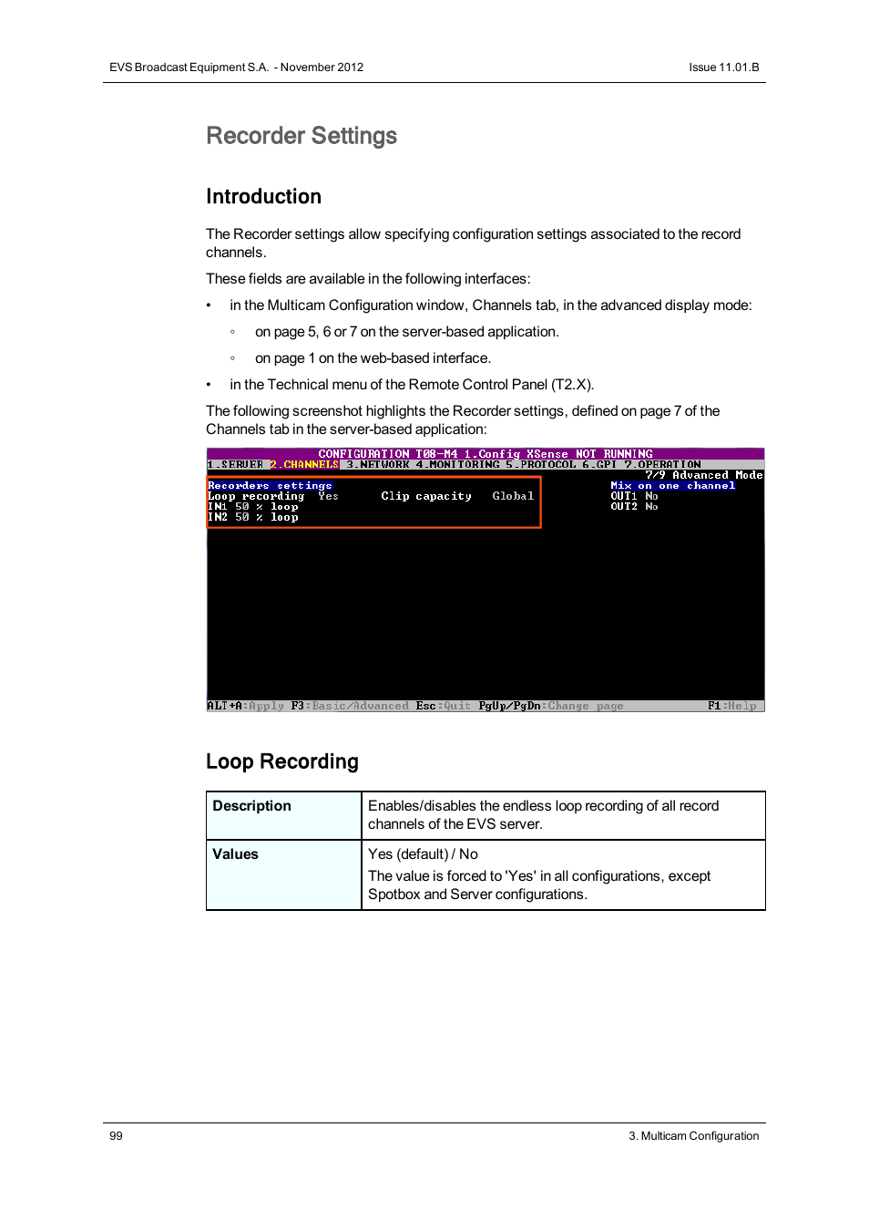 Recorder settings, Introduction, Loop recording | EVS XS Version 11.01 - November 2012 Configuration Manual User Manual | Page 109 / 212