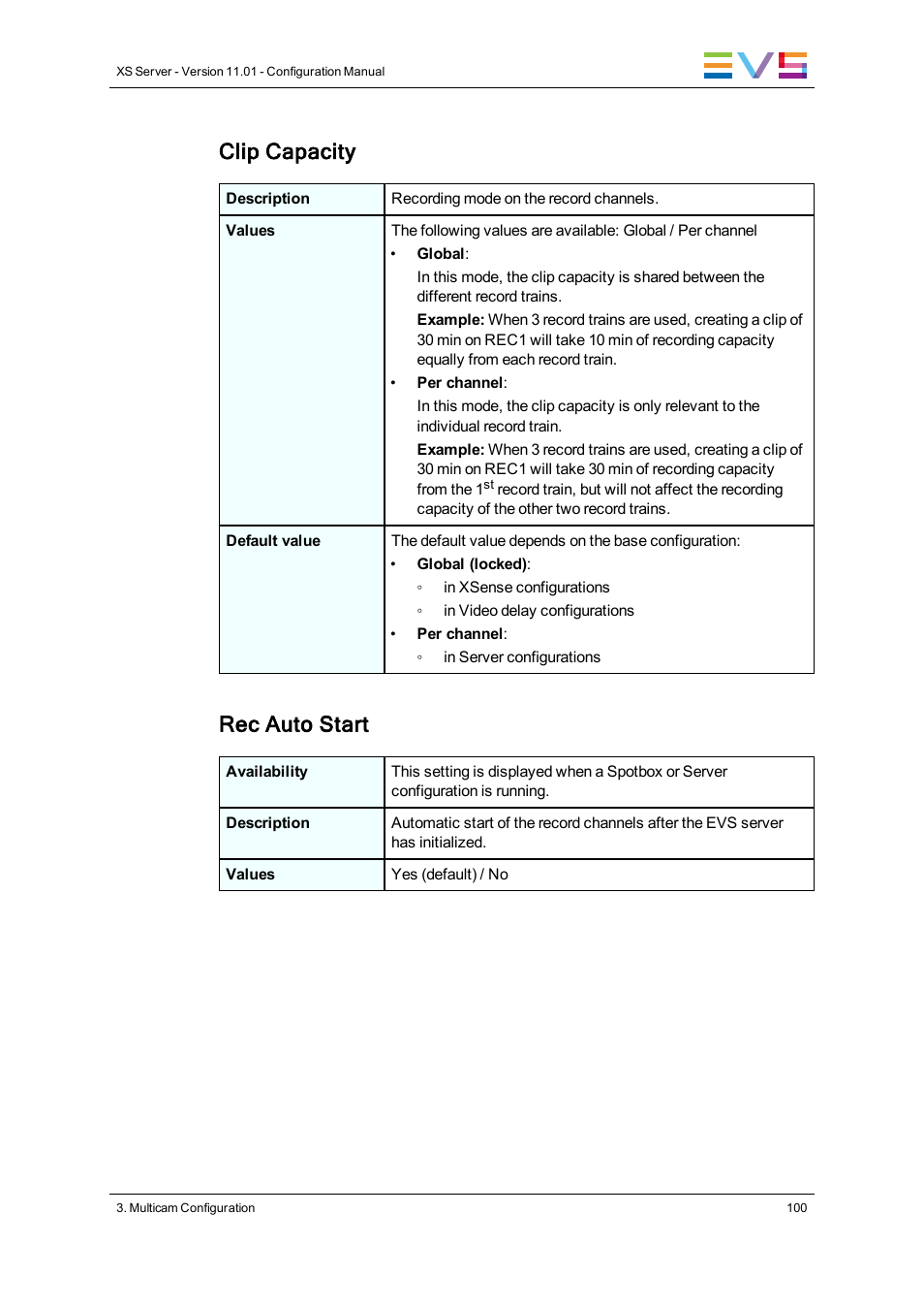 Clip capacity, Rec auto start | EVS XS Version 11.01 - November 2012 Configuration Manual User Manual | Page 110 / 212