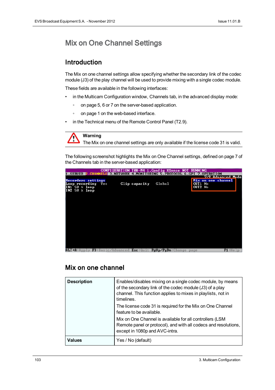 Mix on one channel setting, Mix on one channel settings, Introduction | Mix on one channel | EVS XS Version 11.01 - November 2012 Configuration Manual User Manual | Page 113 / 212