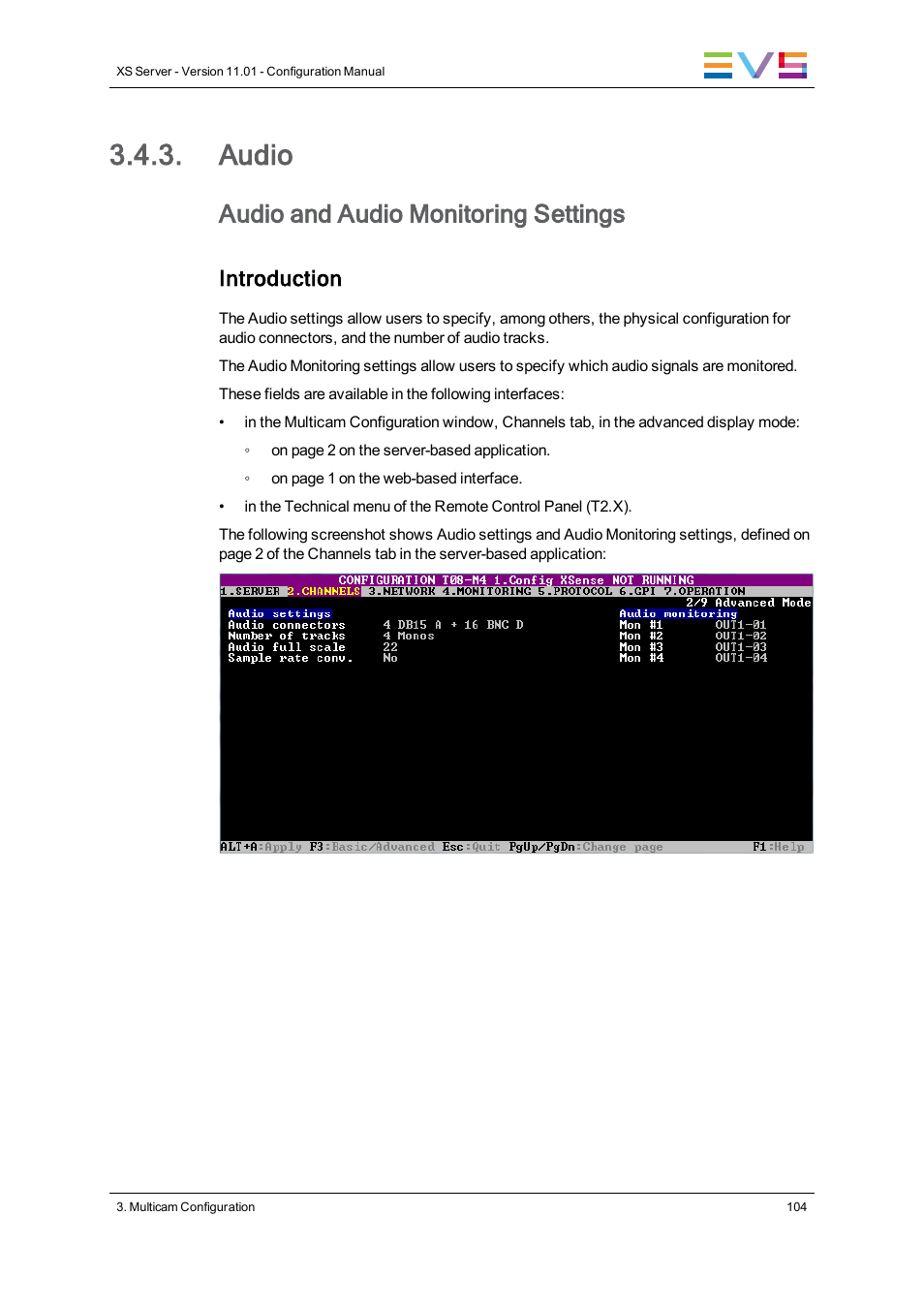 Audio, Audio settings, Audio and audio monitoring settings | Introduction | EVS XS Version 11.01 - November 2012 Configuration Manual User Manual | Page 114 / 212