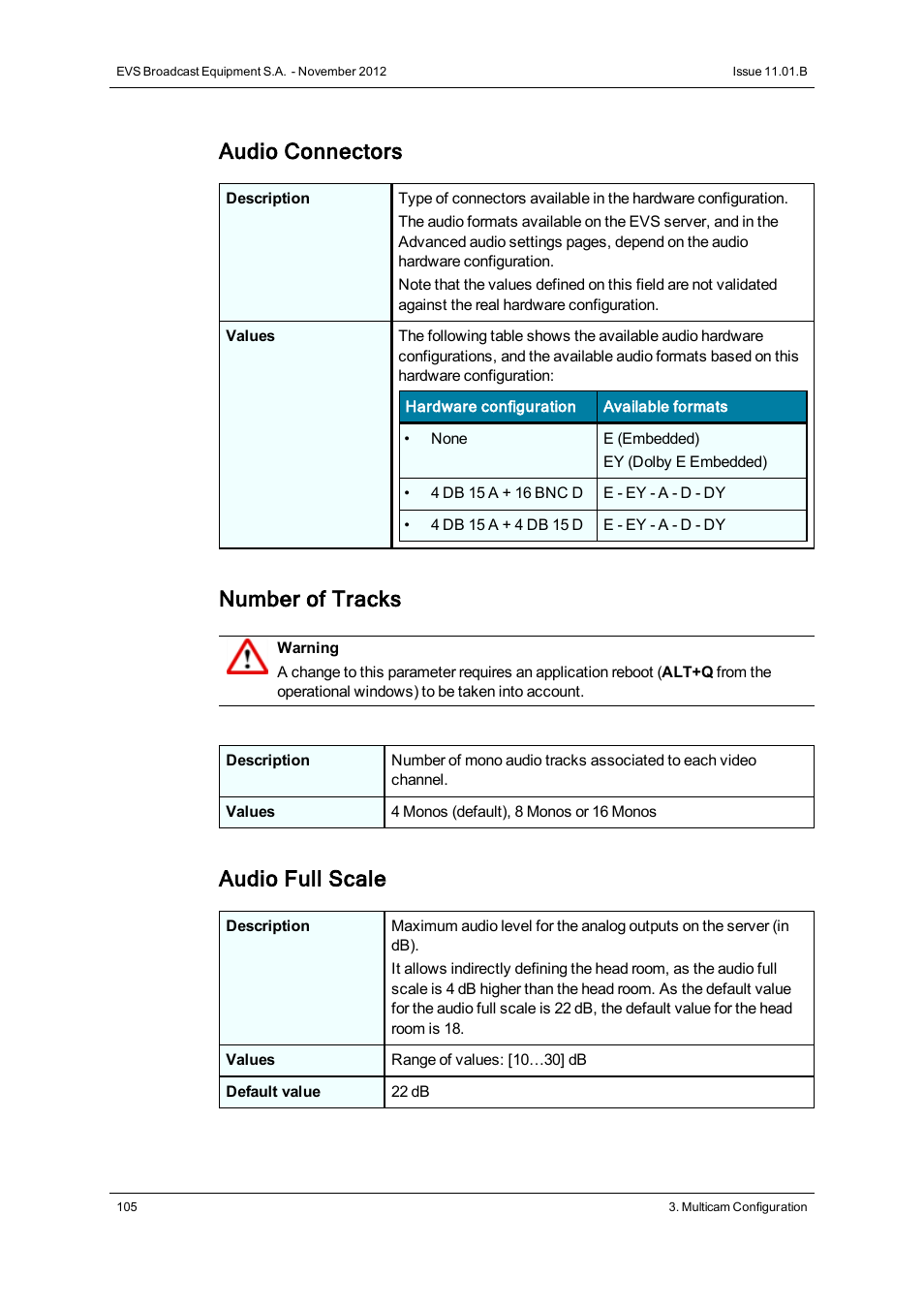 Audio connectors, Number of tracks, Audio full scale | EVS XS Version 11.01 - November 2012 Configuration Manual User Manual | Page 115 / 212