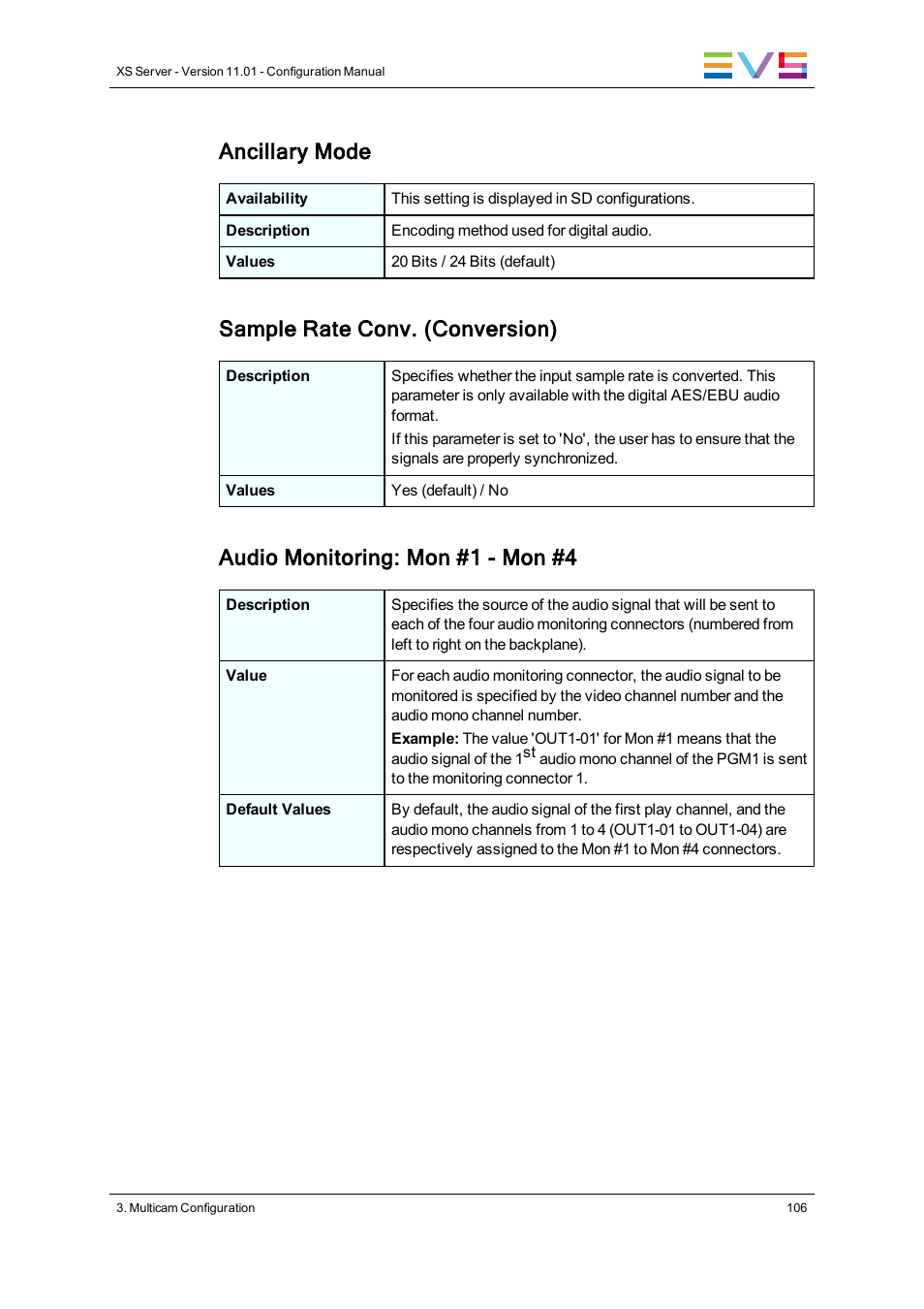 Ancillary mode, Sample rate conv. (conversion), Audio monitoring: mon #1 - mon #4 | EVS XS Version 11.01 - November 2012 Configuration Manual User Manual | Page 116 / 212