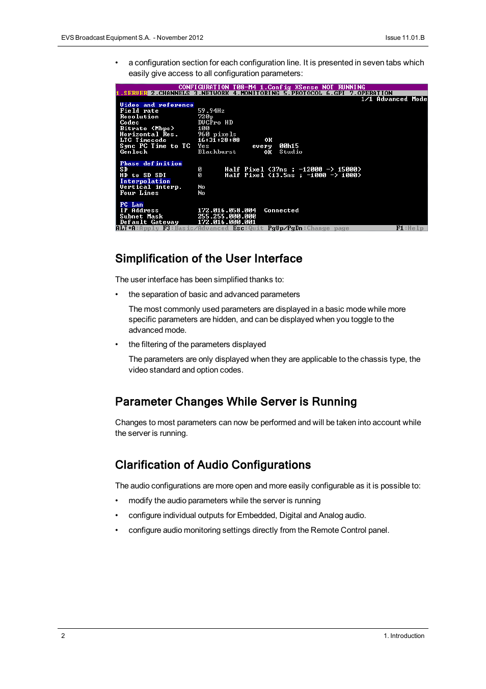 Simplification of the user interface, Parameter changes while server is running, Clarification of audio configurations | EVS XS Version 11.01 - November 2012 Configuration Manual User Manual | Page 12 / 212