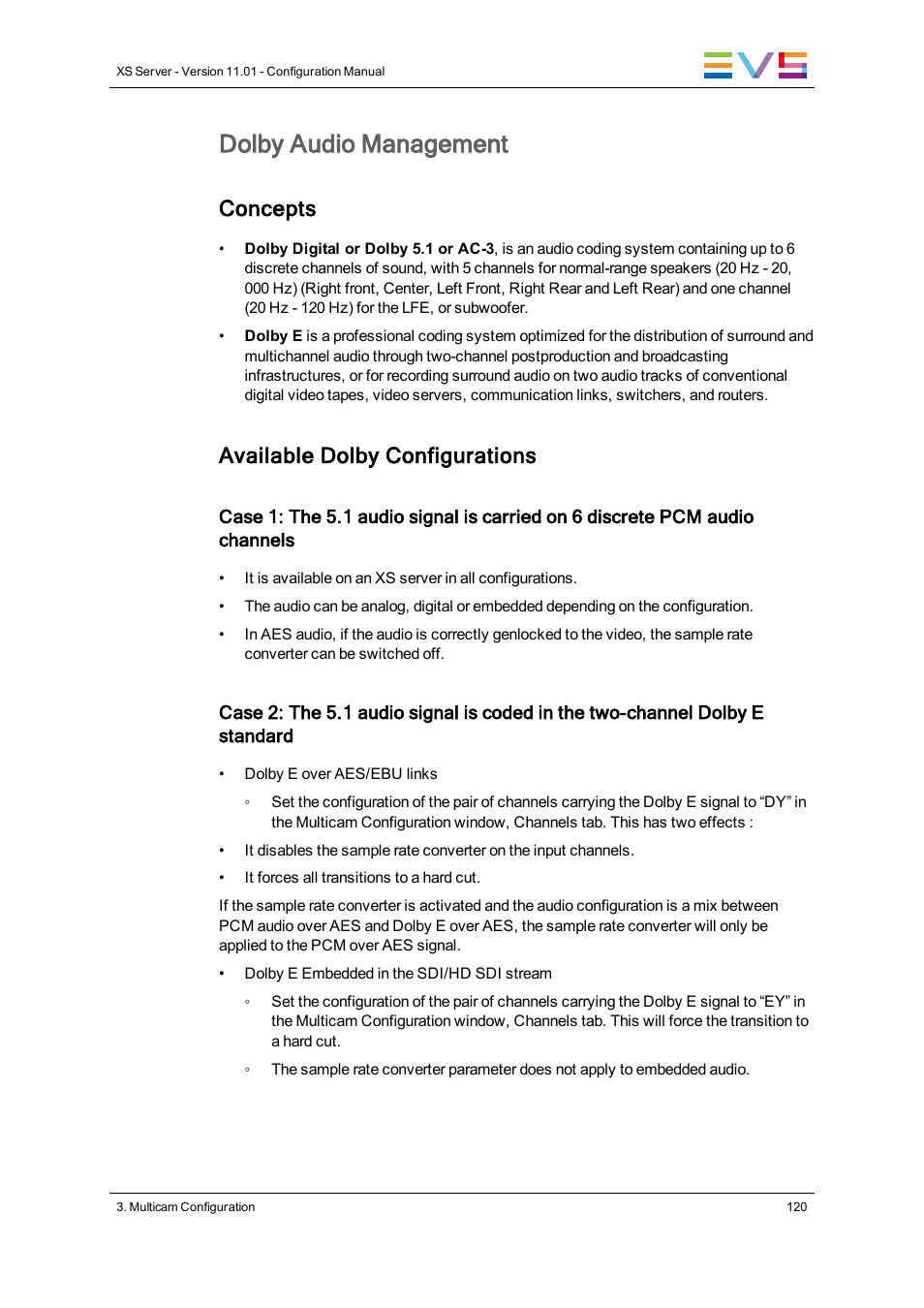 Dolby audio management, Concepts, Available dolby configurations | EVS XS Version 11.01 - November 2012 Configuration Manual User Manual | Page 130 / 212