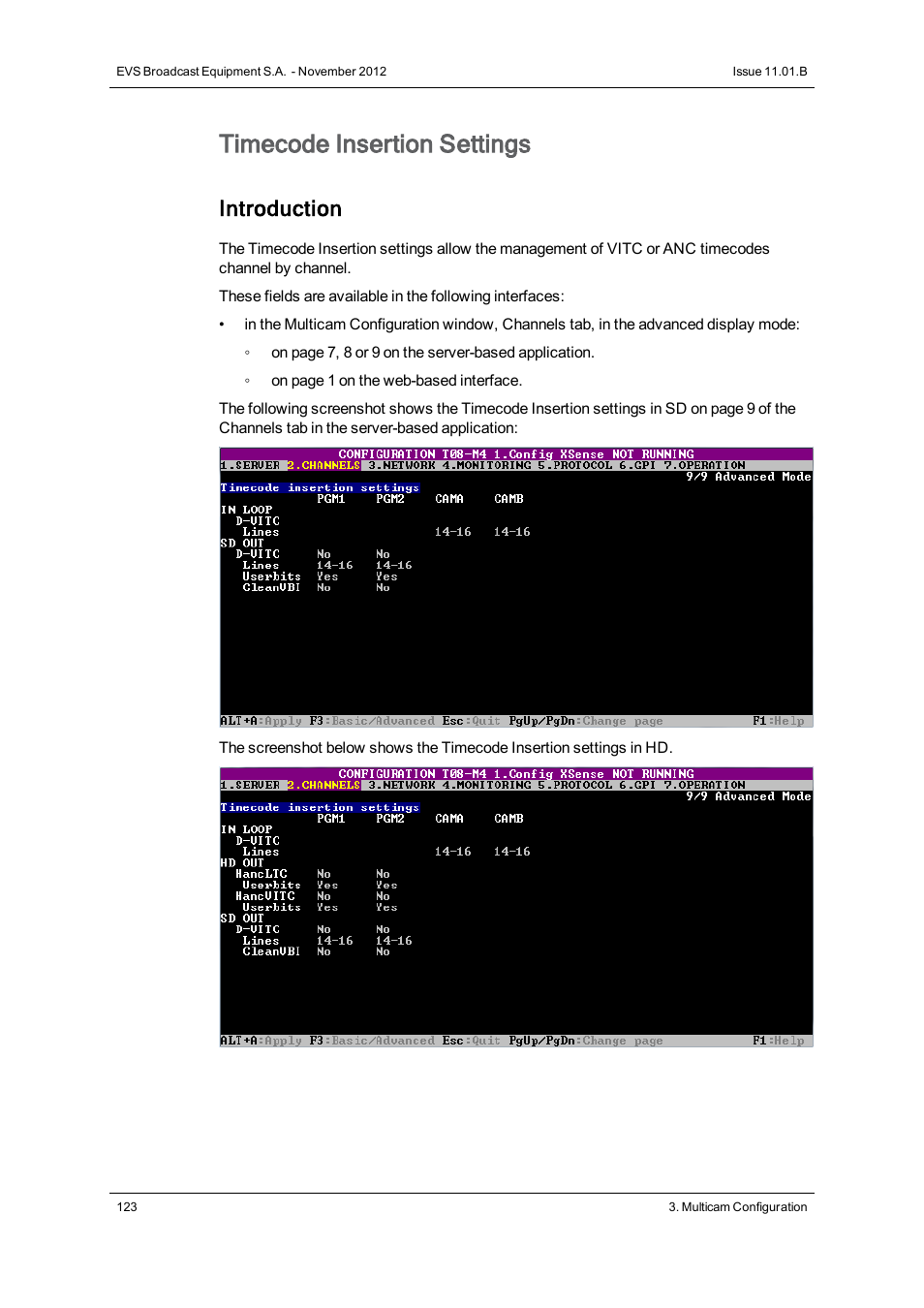 Timecode insertion settings, Introduction | EVS XS Version 11.01 - November 2012 Configuration Manual User Manual | Page 133 / 212